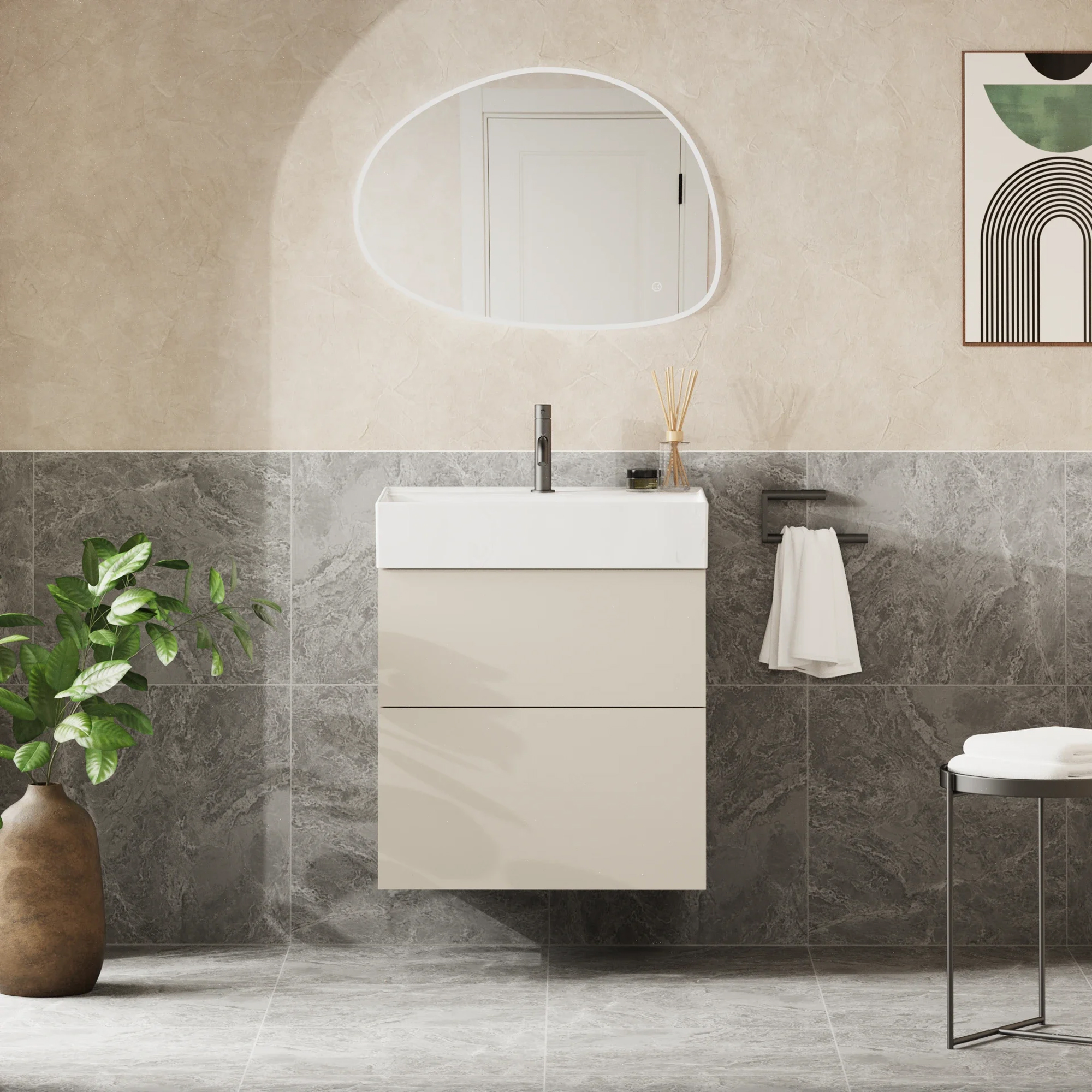 Crosswater Avenue 600mm Wall Mounted Double Drawer Vanity Unit & Fine Fire Clay Basin