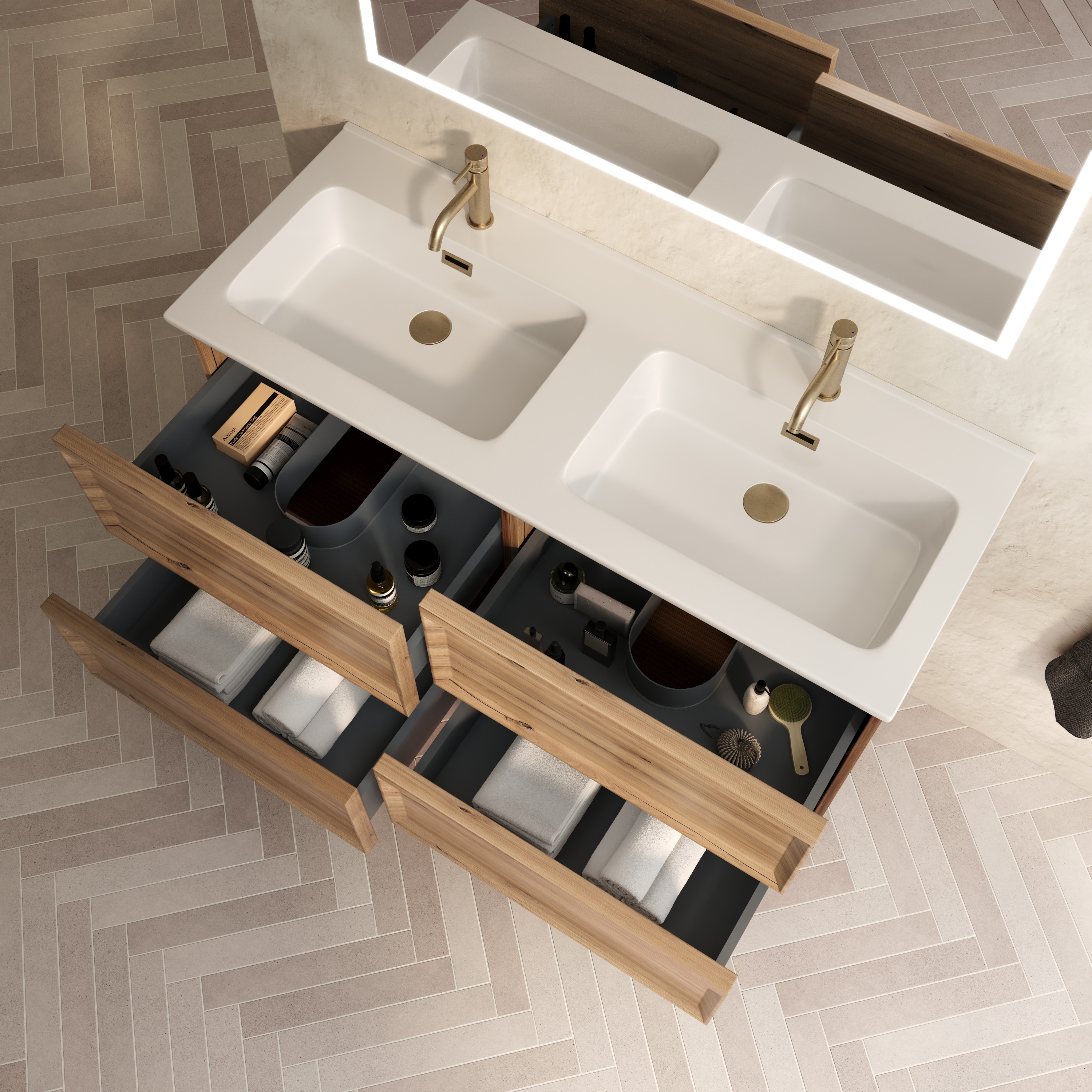 Aura 1200mm Wall Mounted Natural Oak Vanity Unit & Matt White Double Basin