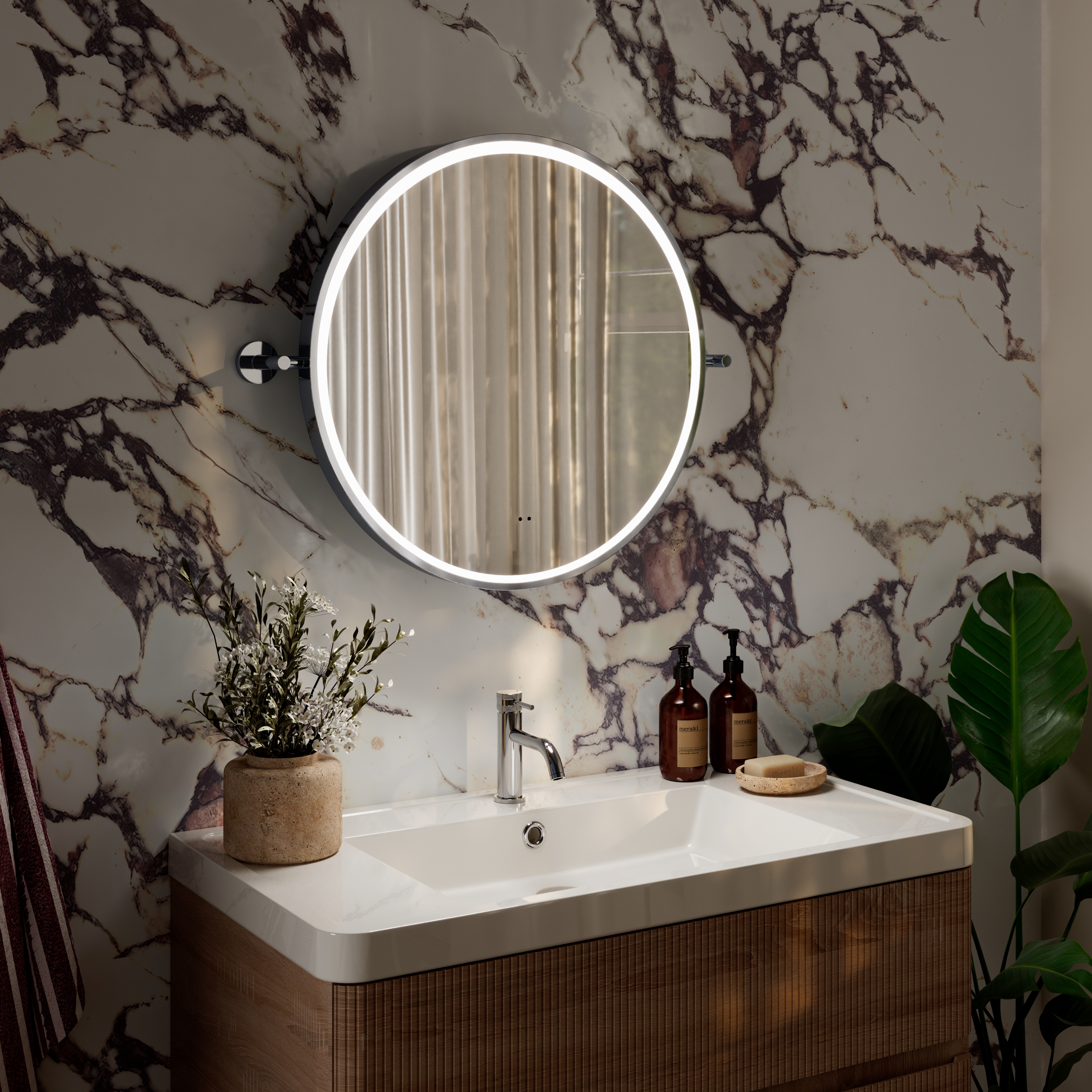 Ester LED Illuminated Framed Round Pivot Mirror with Demister Pad - 600mm
