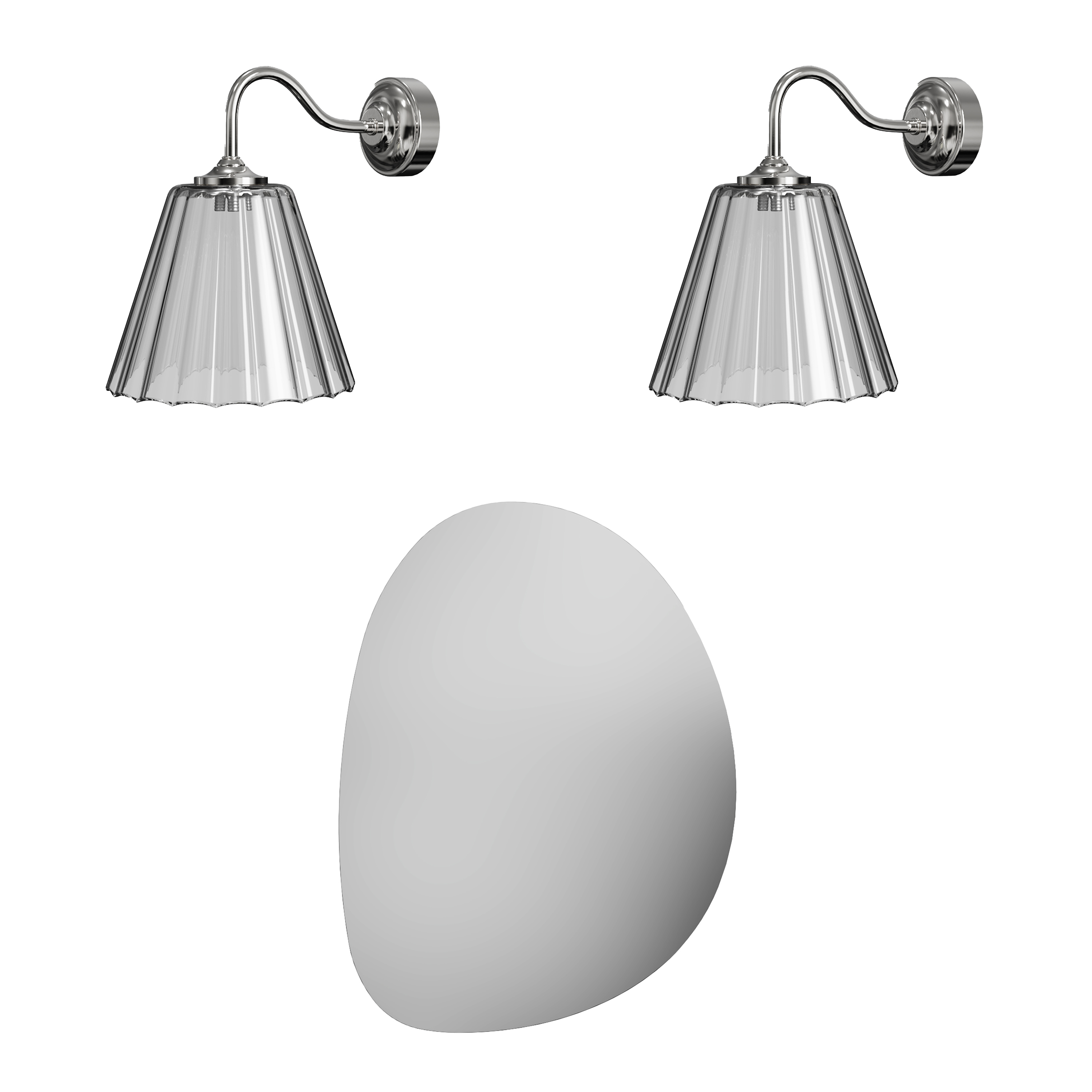 Organics Slim Mirror with Set Of 2 Fluted Glass Wall Shade Lights