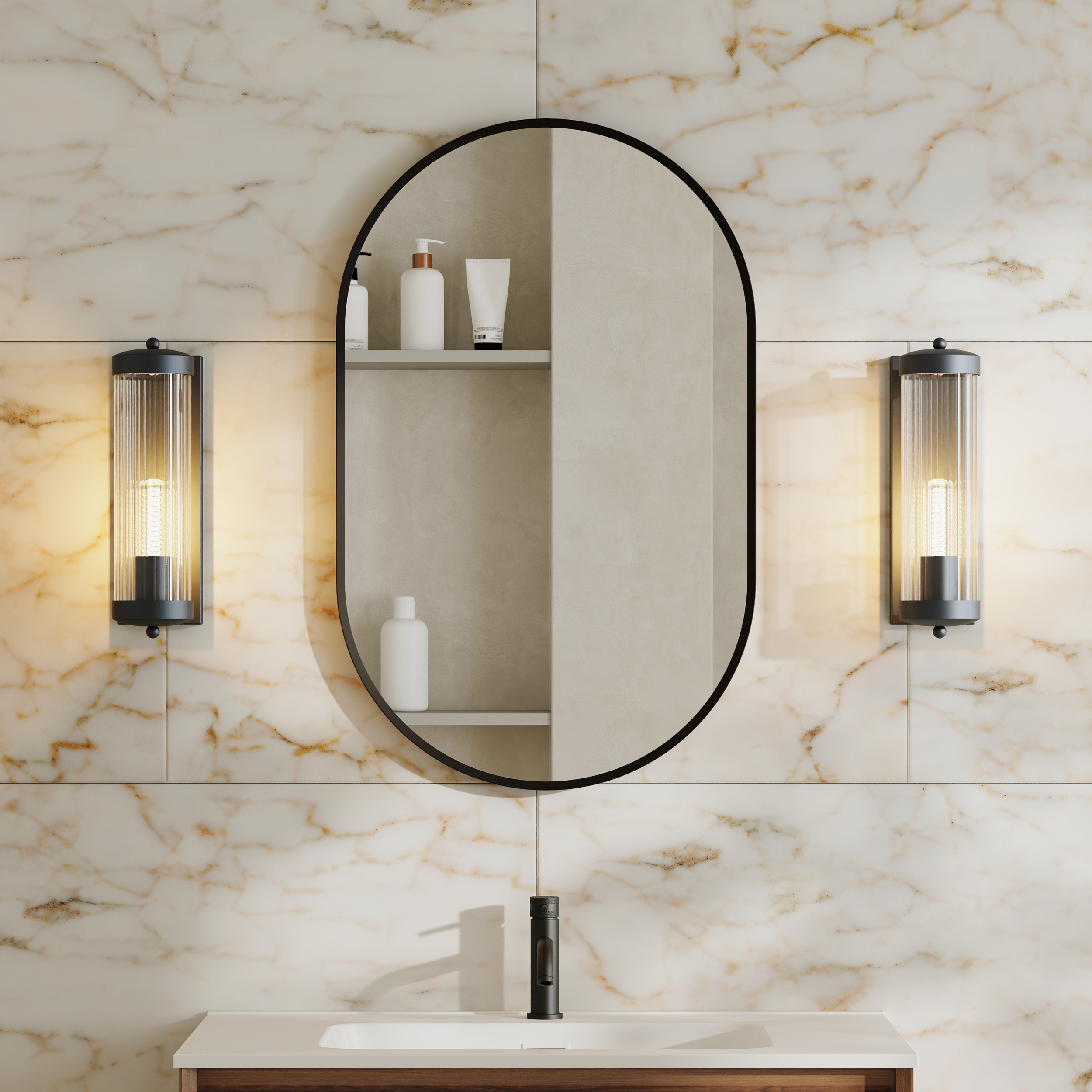 Billy Oval Framed Mirror with Set Of 2 Fluted Lantern Wall Lights in Matt Black