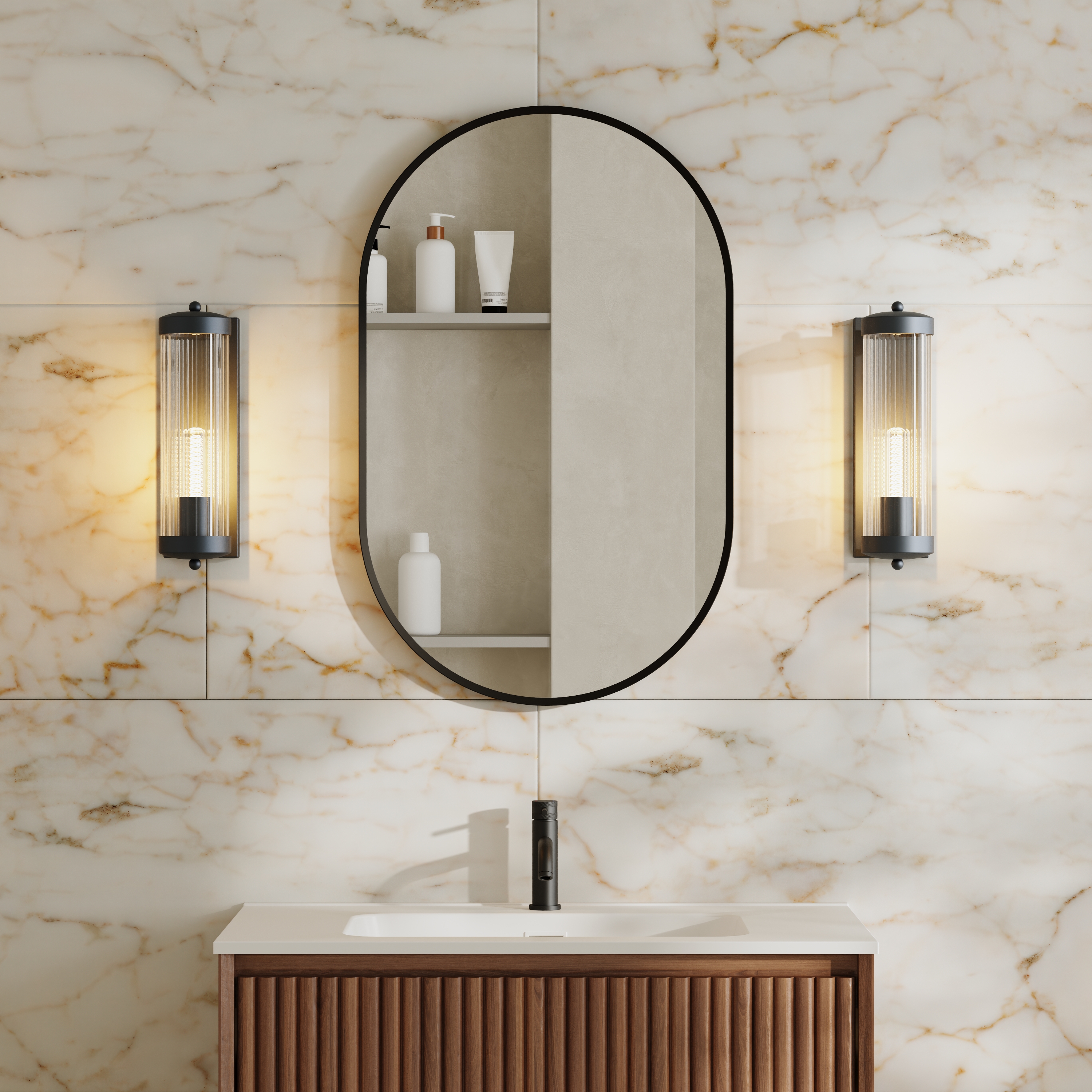 Billy Oval Framed Mirror with Set Of 2 Fluted Lantern Wall Lights in Matt Black