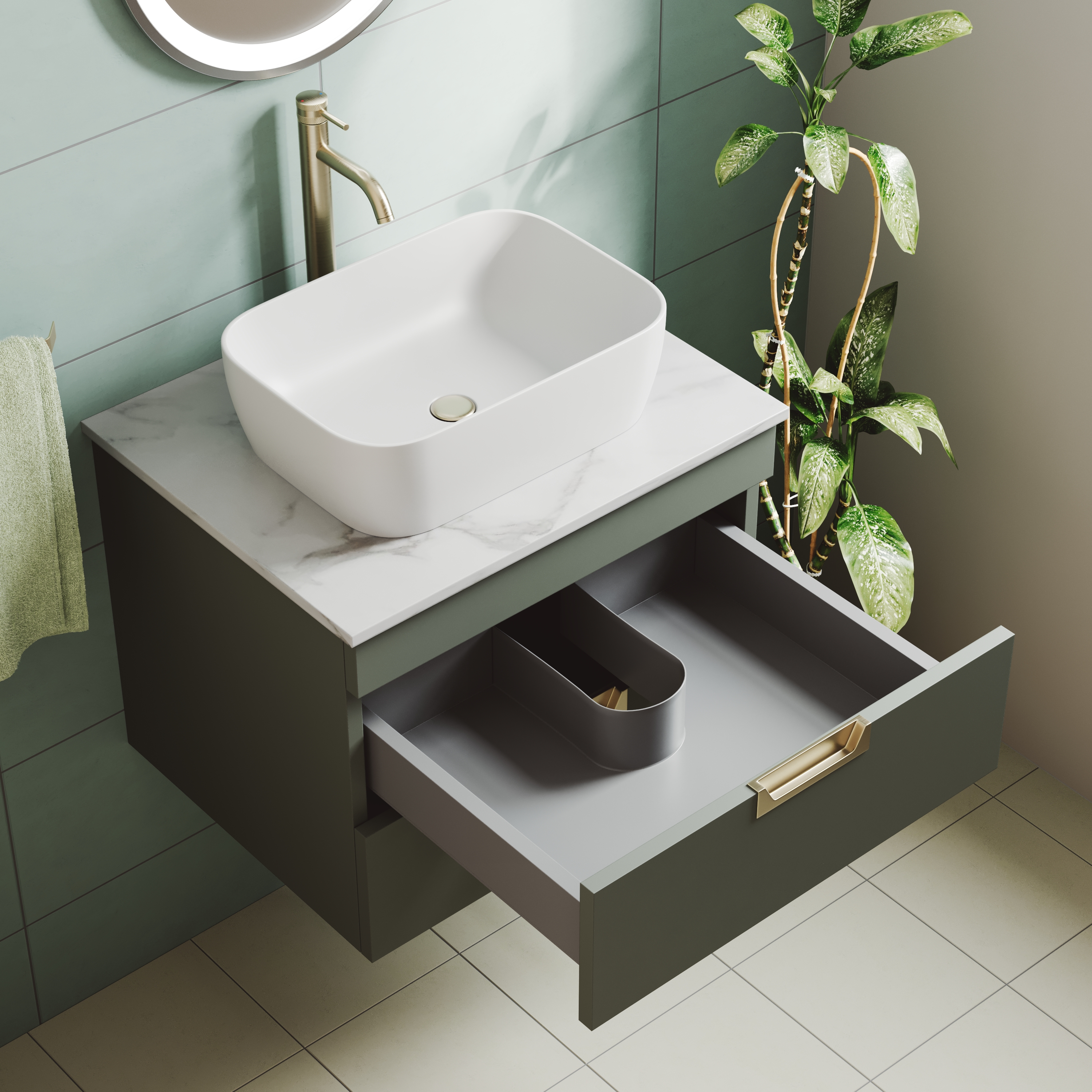 Isla 600mm Wall Hung Vanity Unit & Marble Sintered Stone Countertop