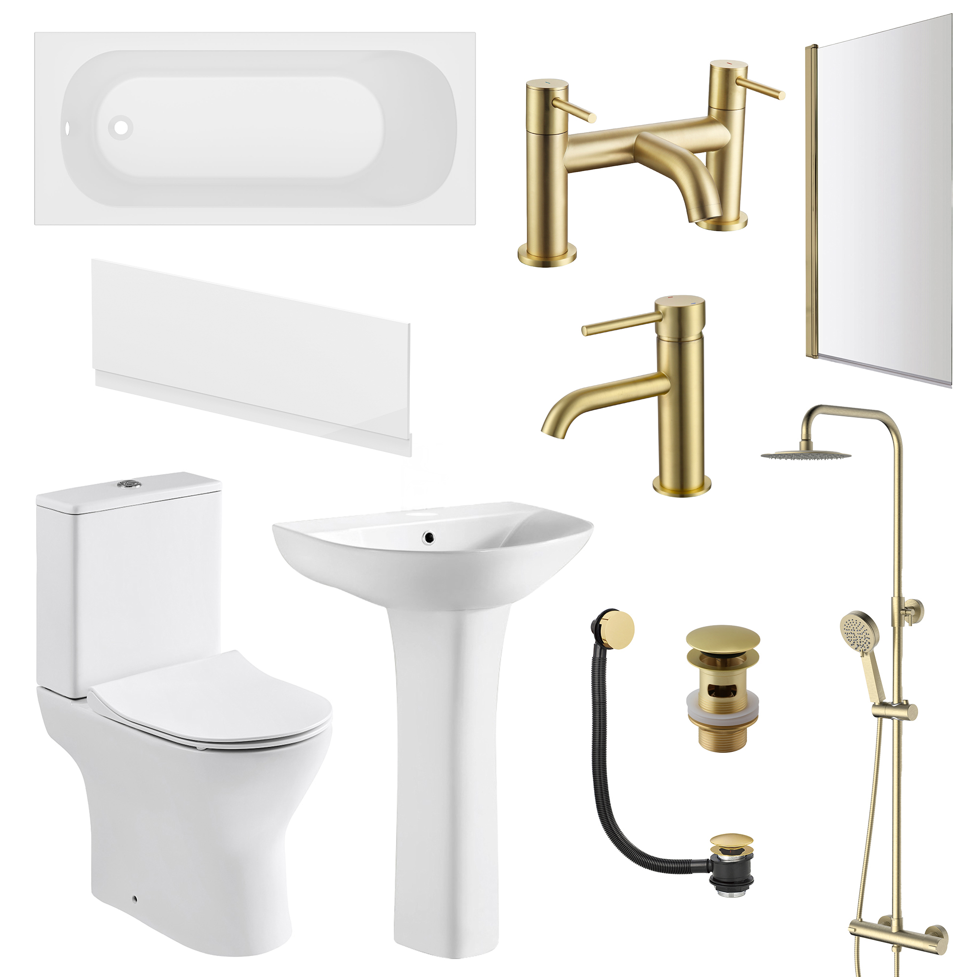 Harbour Acclaim Complete Brushed Brass Bathroom Suite with Reinforced Shower Bath & Rimless Toilet