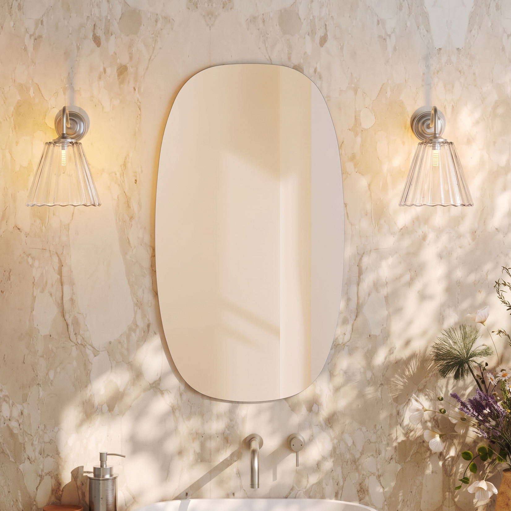 Arc Barrel Mirror with Set Of 2 Fluted Glass Wall Shade Lights