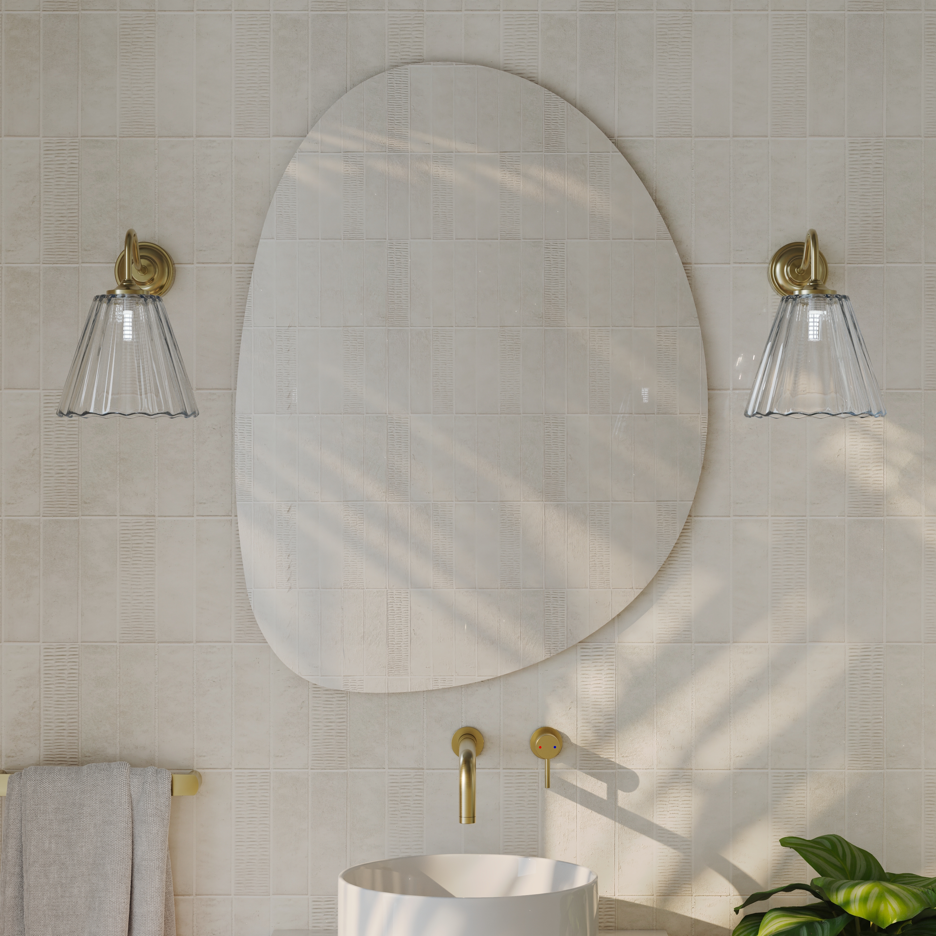 Organics Slim Mirror with Set Of 2 Fluted Glass Wall Shade Lights