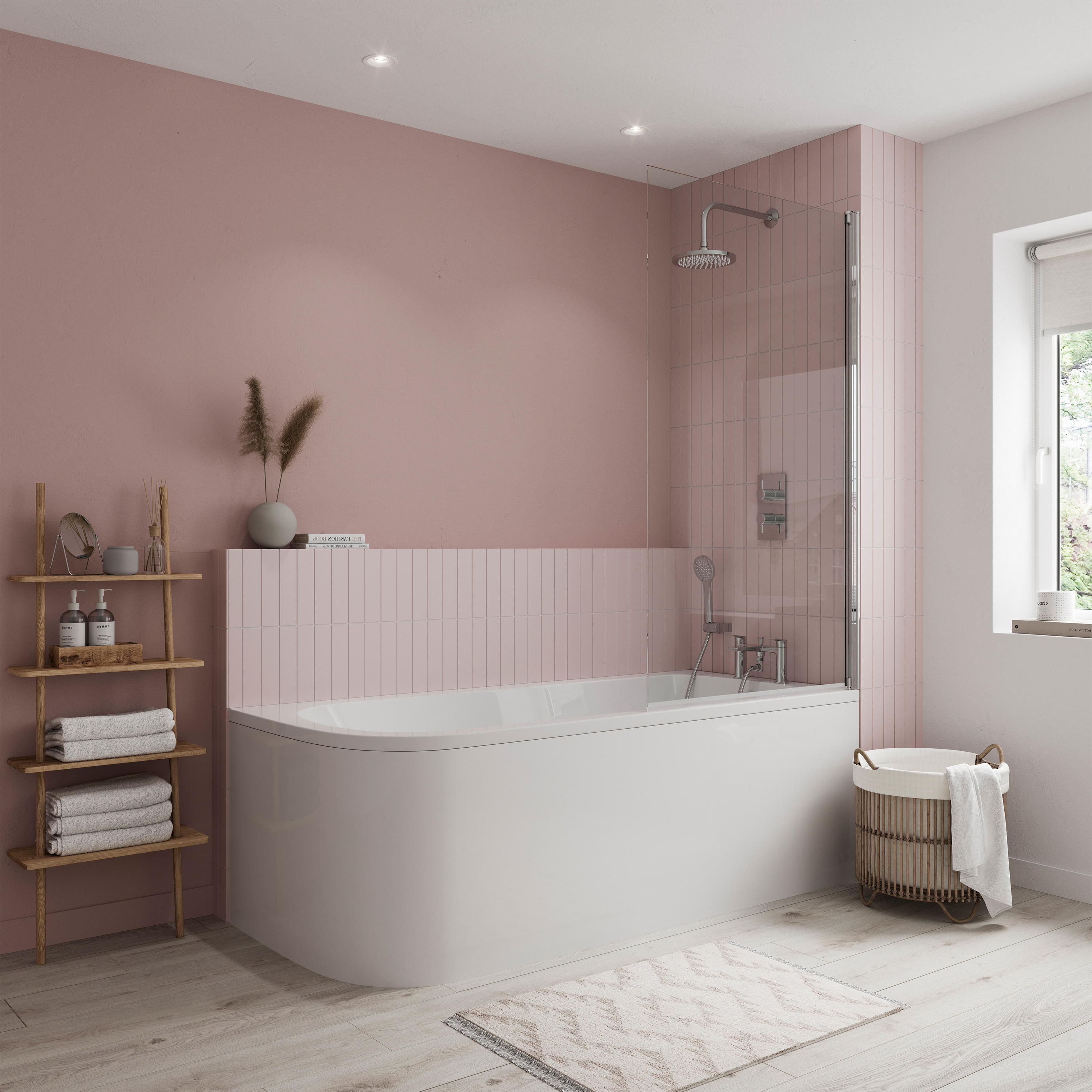 Britton Bathrooms Viride Single Ended Offset J-Shaped Bath, Panel & Cradle - 1700 x 750mm
