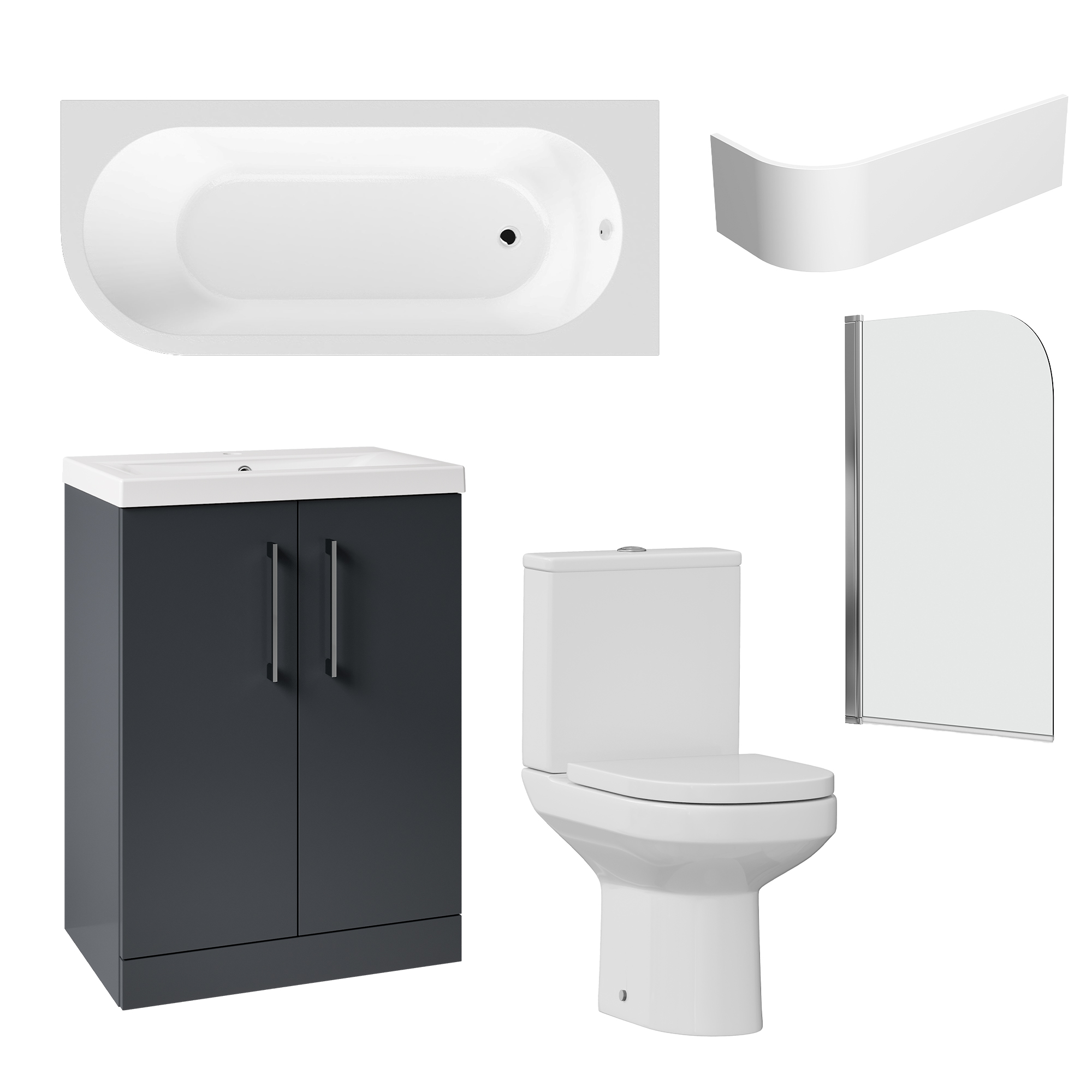Erin Modern Shower Bath Suite with 1700mm J Shaped Bath & Rimless Toilet