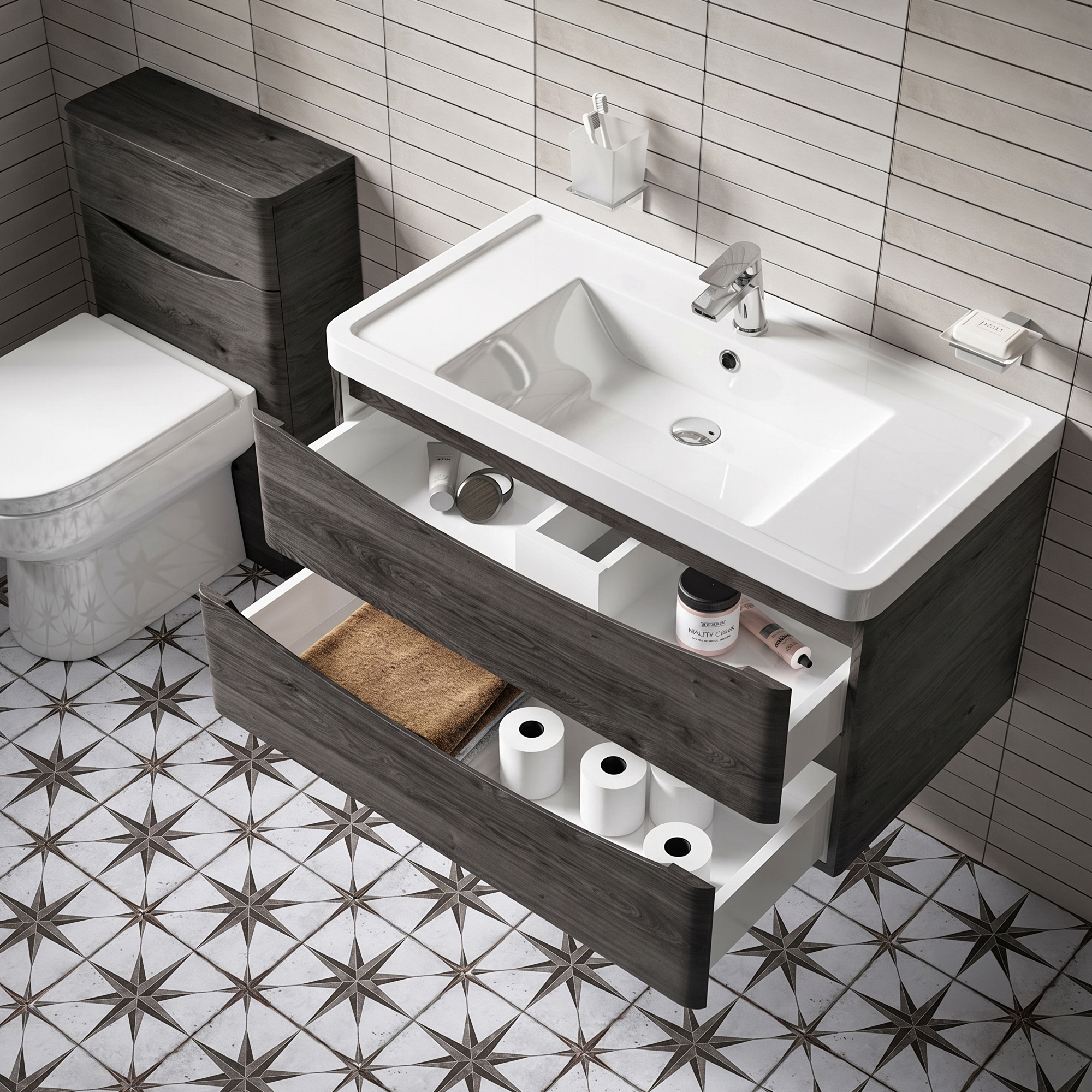 Harbour Clarity 900mm Wall Mounted Graphite Oak Vanity Unit & Basin