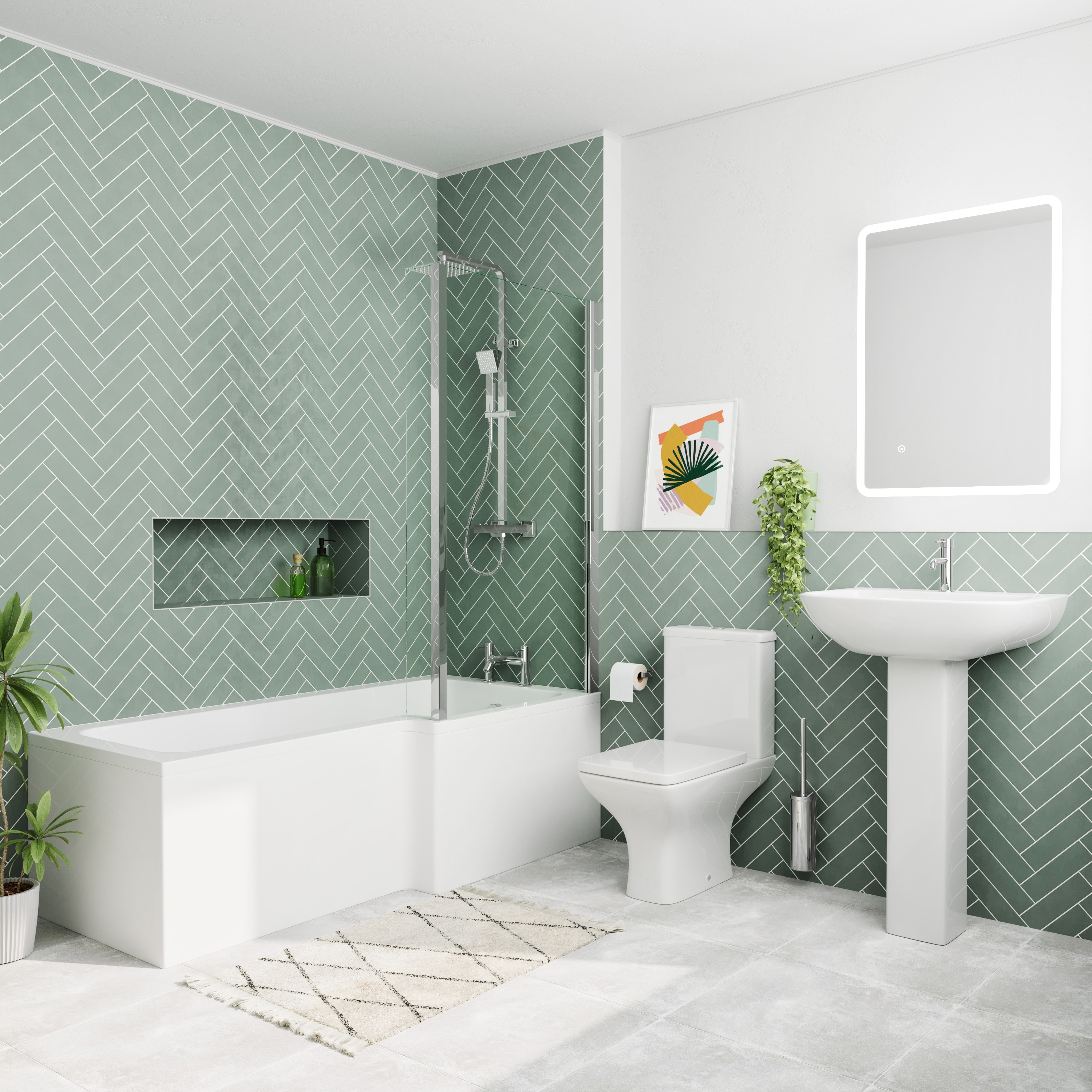 Emily Modern Shower Bath Suite with 1700mm L Shaped Bath & Rimless Toilet
