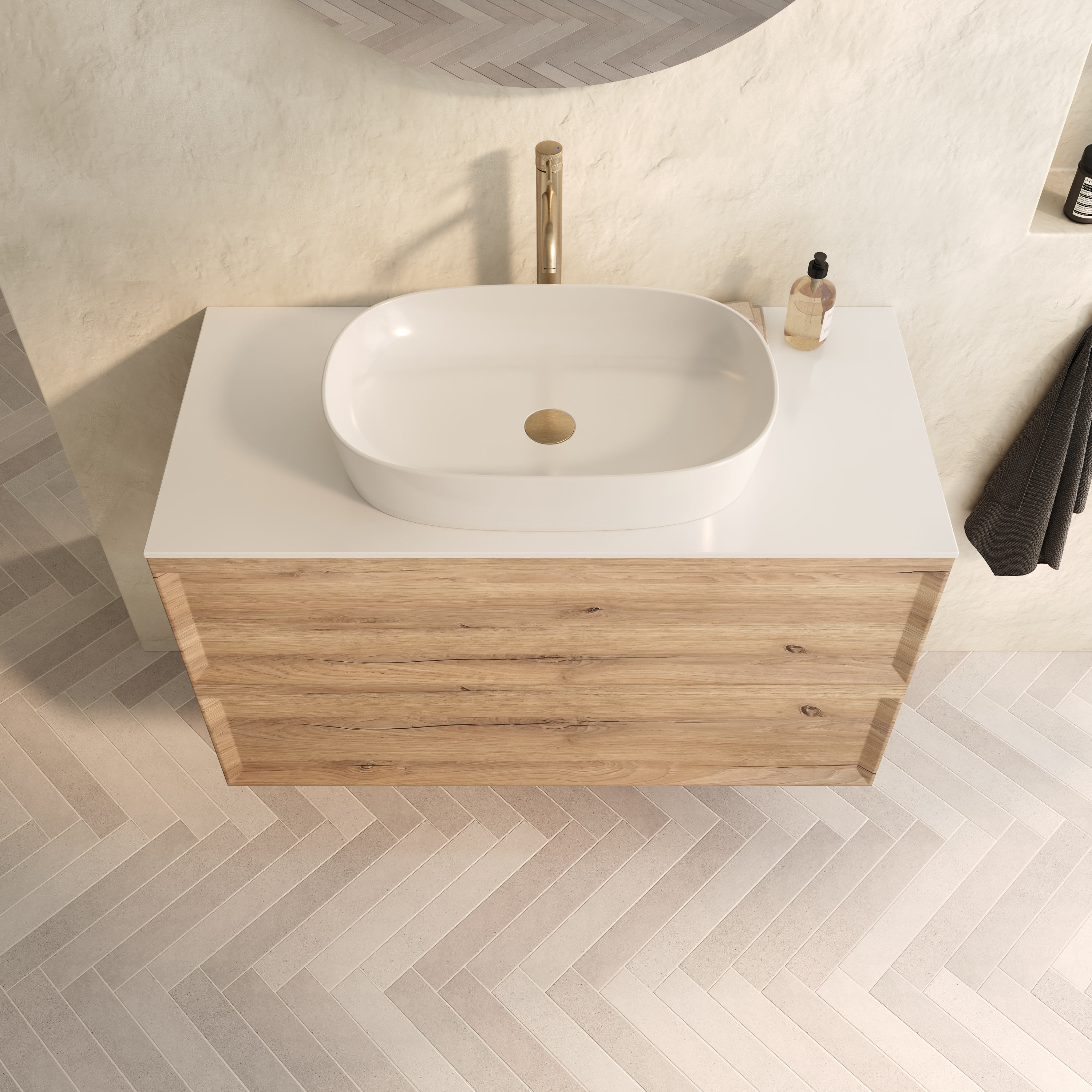 Aura 1000mm Wall Mounted Natural Oak Vanity Unit & Sintered Stone Countertop