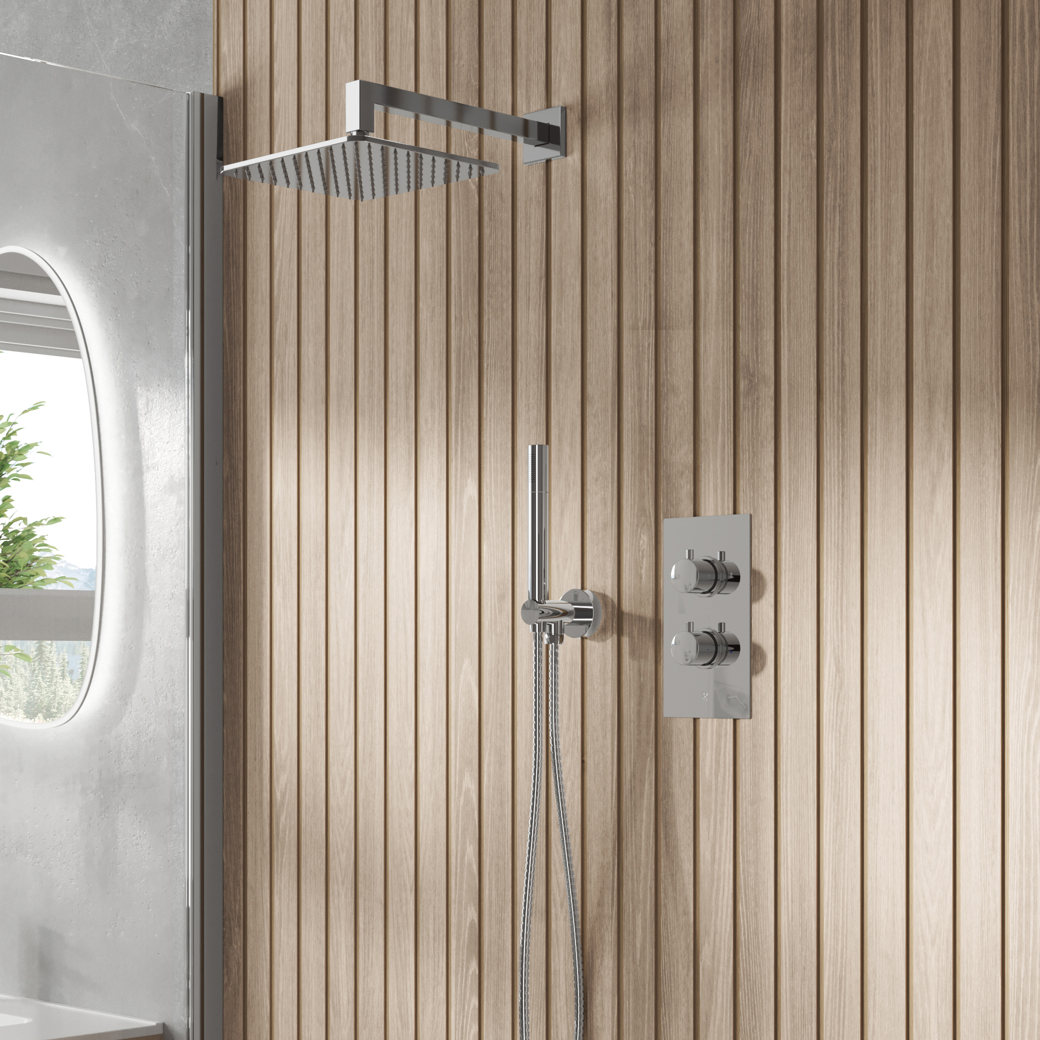 Core Shower Package with 2 Outlet Valve, Fixed Wall Mounted Square Shower Head & Shower Wall Kit
