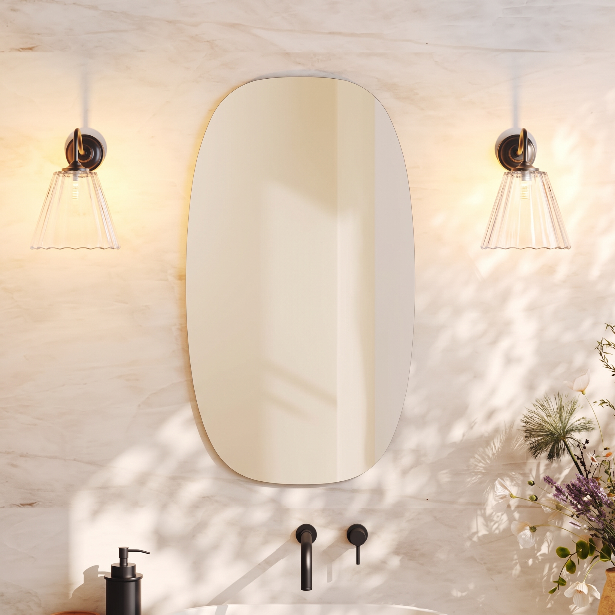 Arc Barrel Mirror with Set Of 2 Fluted Glass Wall Shade Lights
