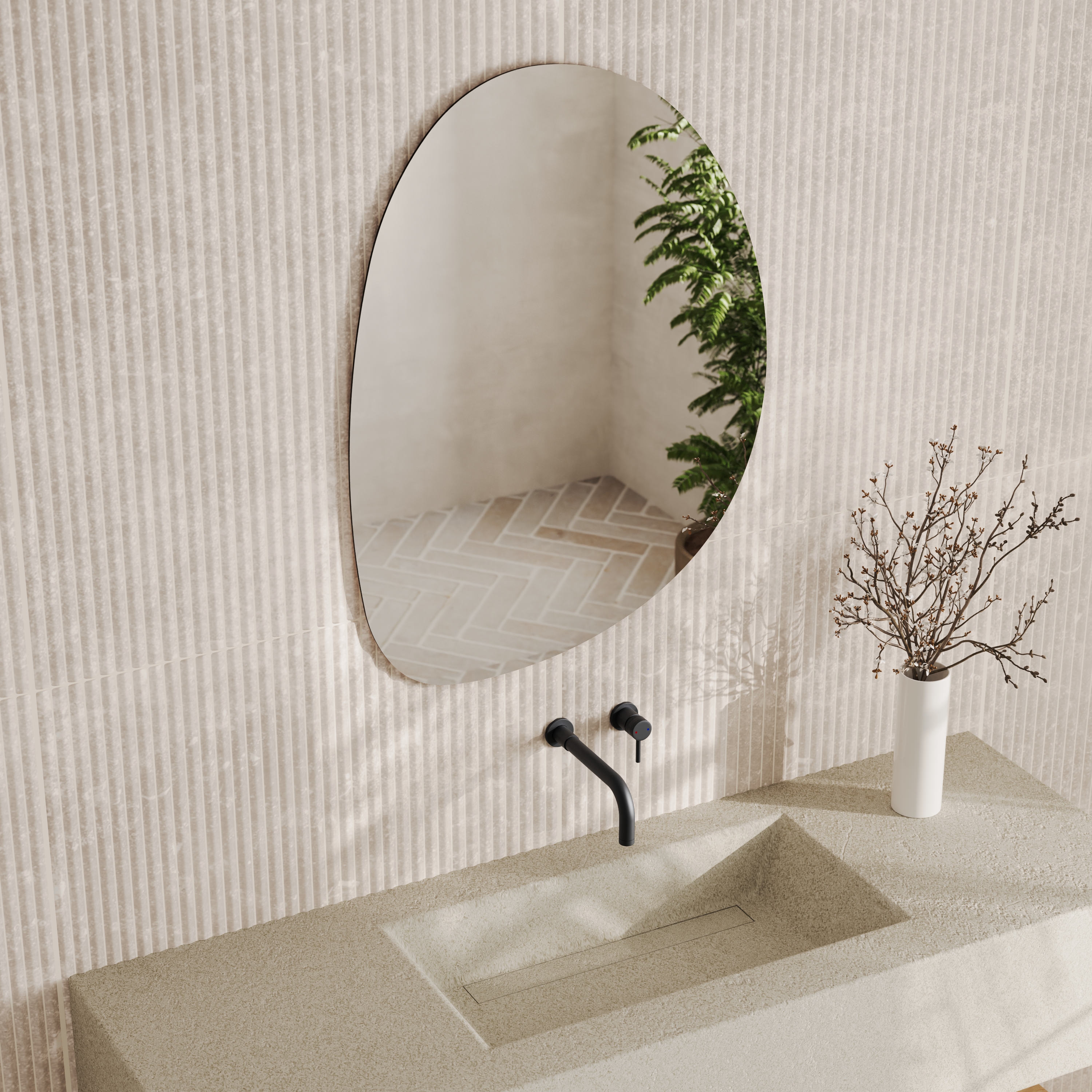 Organics Slim Mirror with Set Of 2 Glass Globe Wall Lights