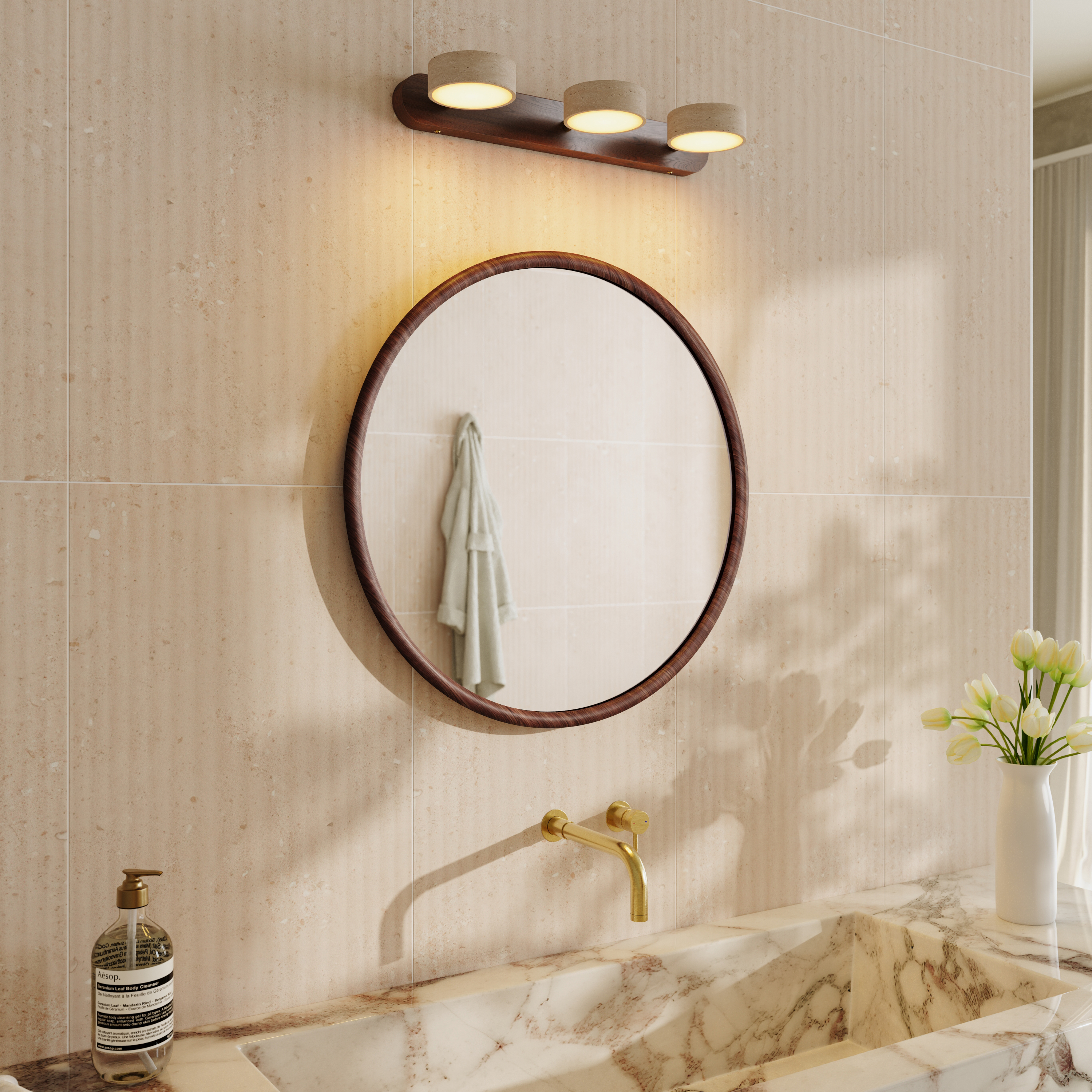 Alfie Wood Framed Mirror with Trio Stone Wall Light in Dark Wood
