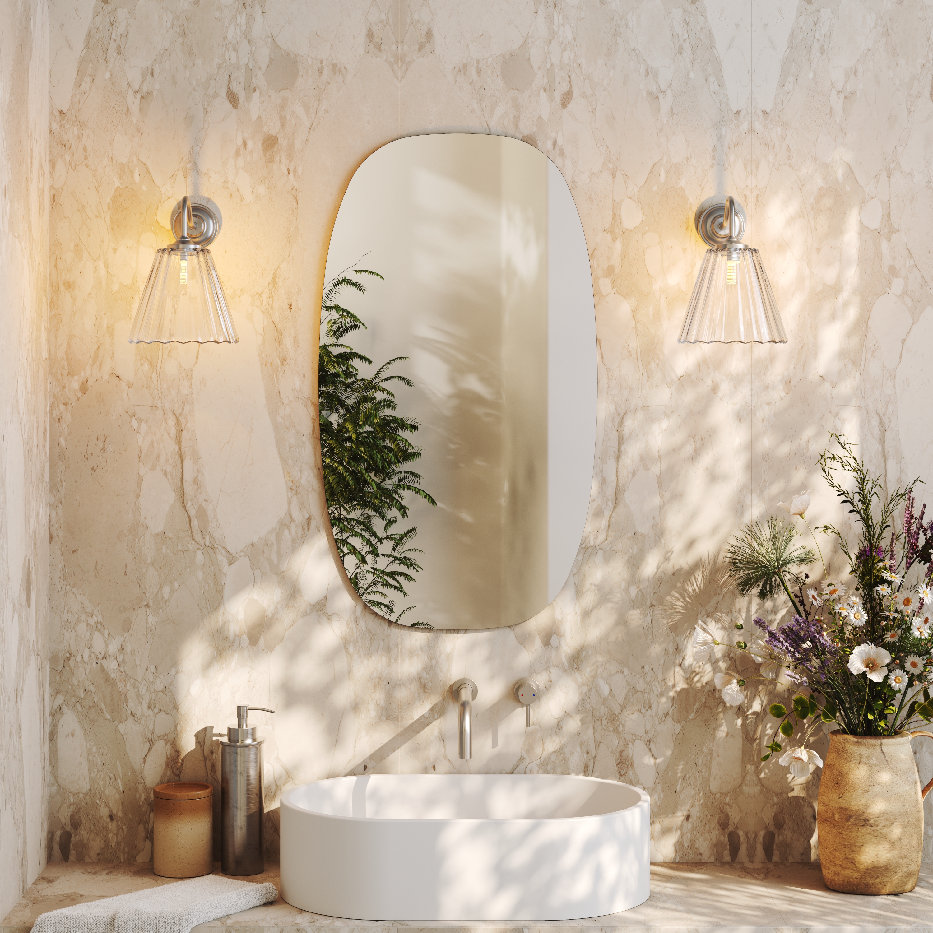 Arc Barrel Mirror with Set Of 2 Fluted Glass Wall Shade Lights