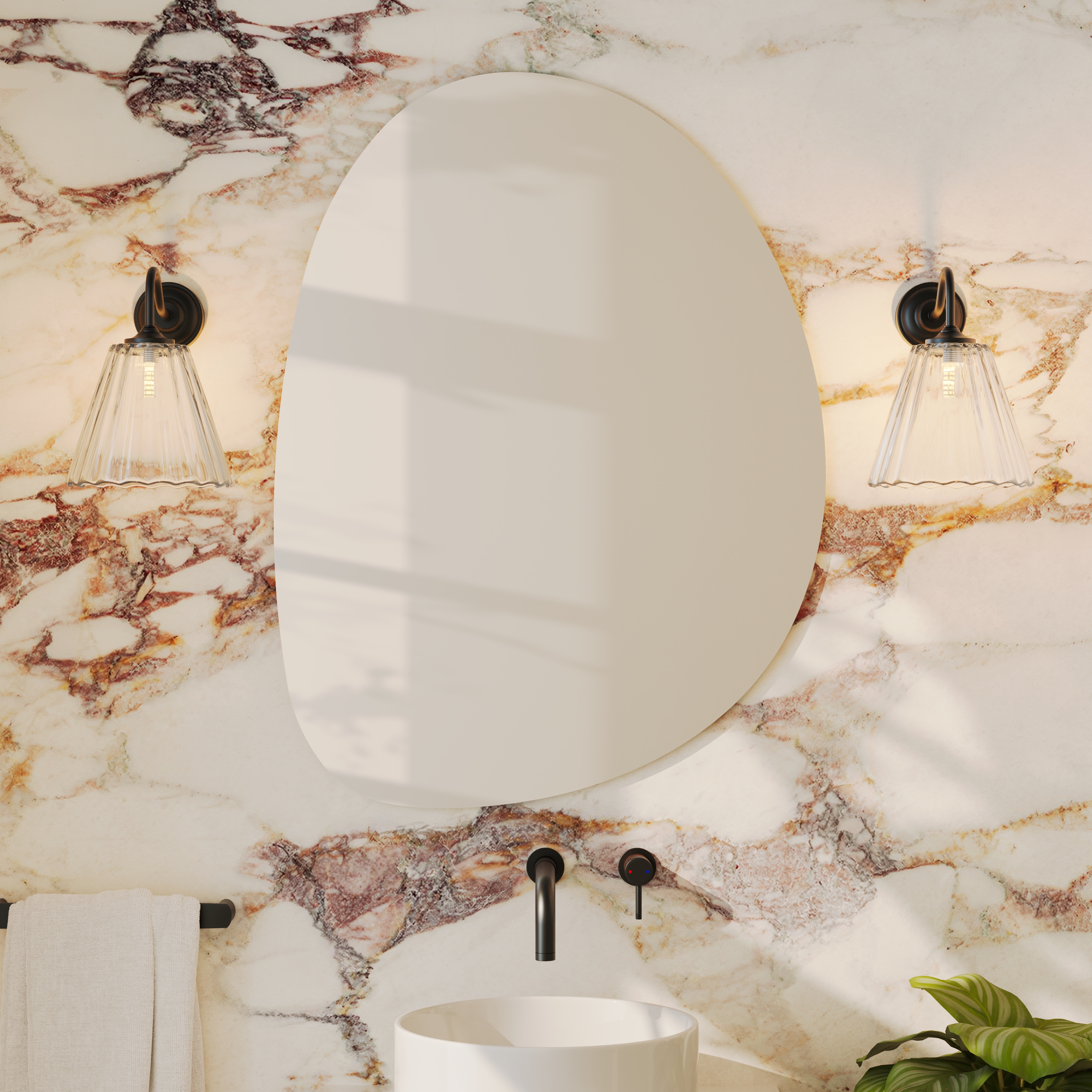 Organics Slim Mirror with Set Of 2 Fluted Glass Wall Shade Lights