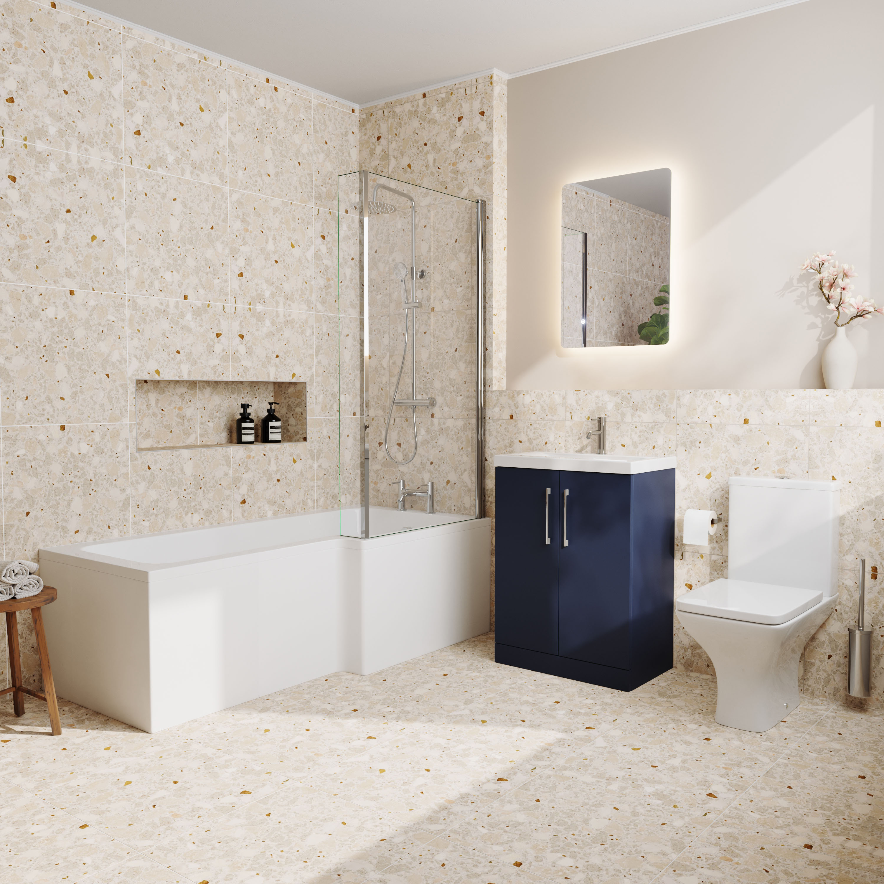 Erin Shower Bath Suite with 1700mm L Shaped Bath & Rimless Toilet