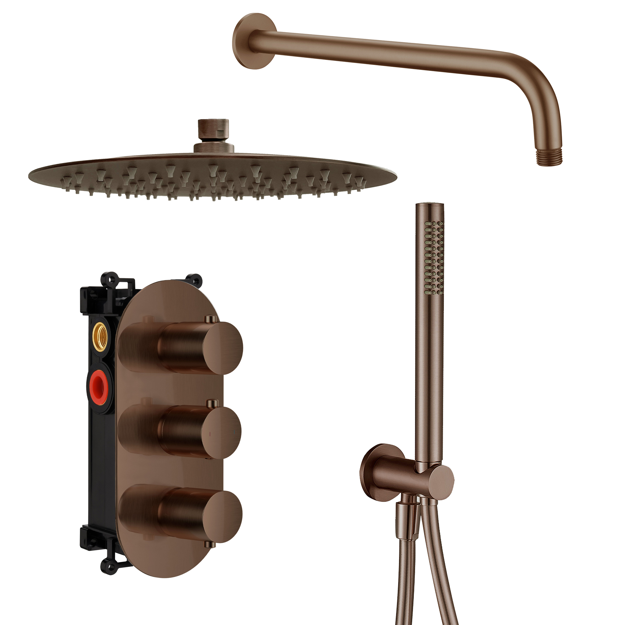 Harbour Clarity Brushed Bronze Shower Package with 2 Outlet Valve, Fixed Head & Wall Mounted Arm and Wall Shower Kit