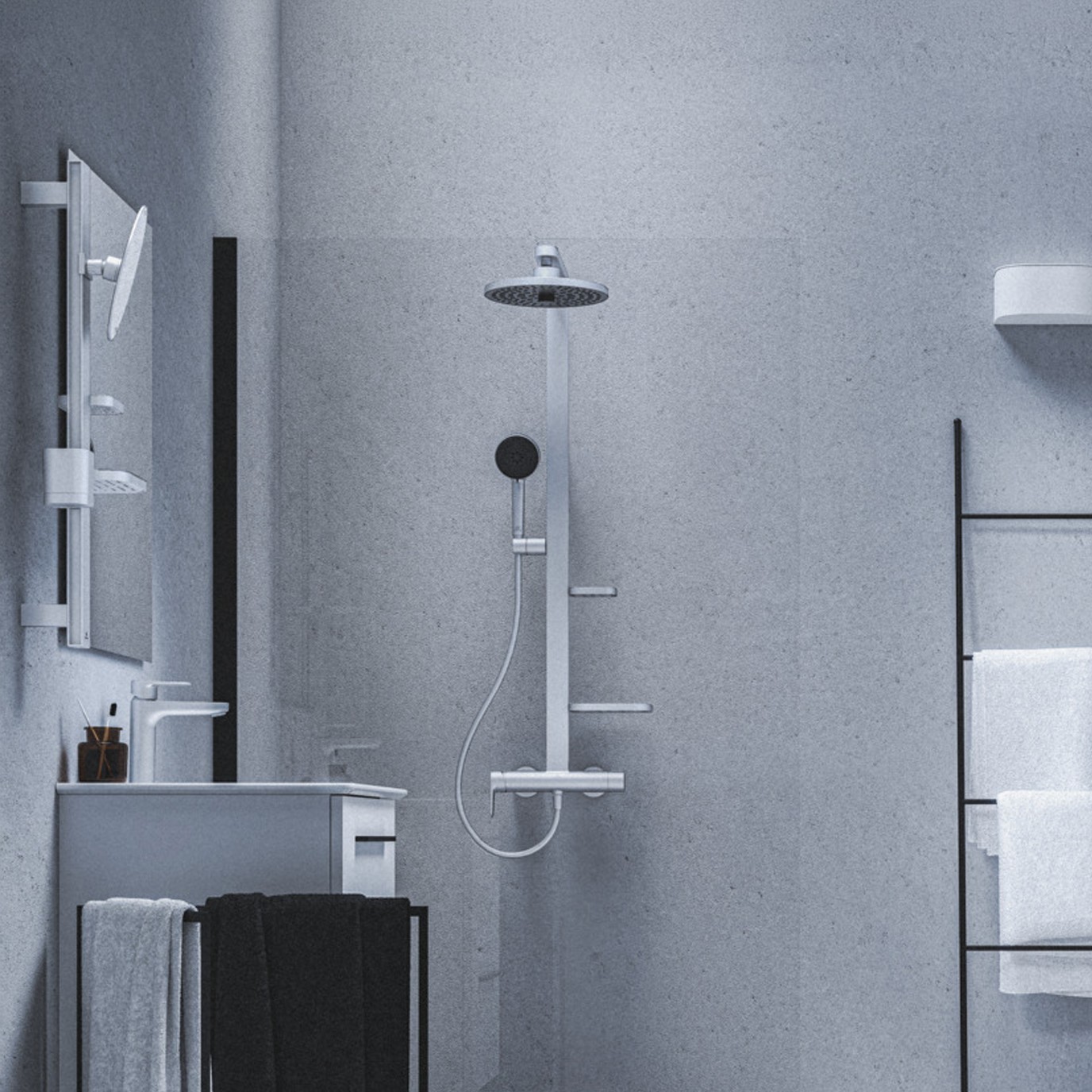 Ideal Standard Ceratherm Alu+ Exposed Thermostatic Shower Kit with Multi-Function Shower Head, Handset & 2 Shelves