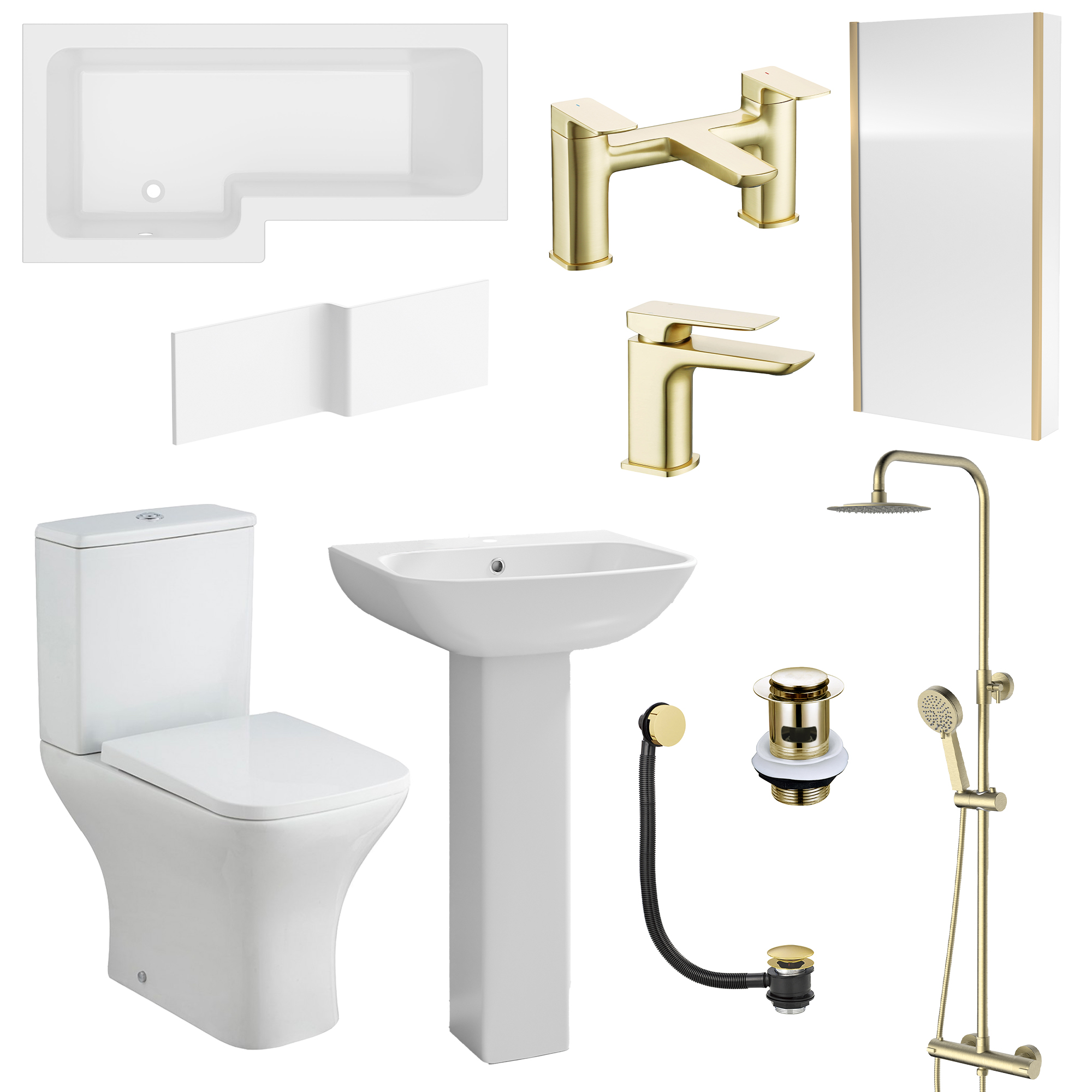 Emily Complete Brushed Brass Bathroom Suite with 1700mm L Shaped Shower Bath & Rimless Toilet