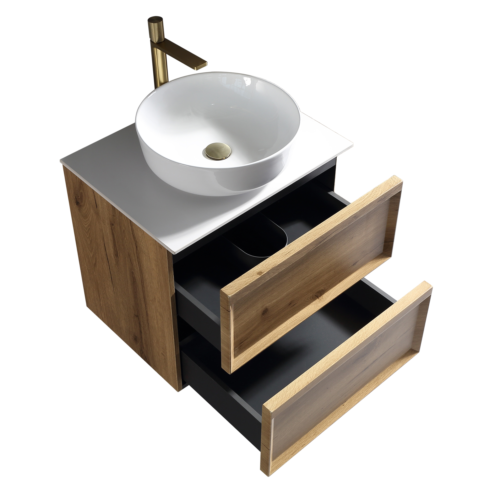 Aura 600mm Wall Mounted Natural Oak Vanity Unit & Sintered Stone Countertop