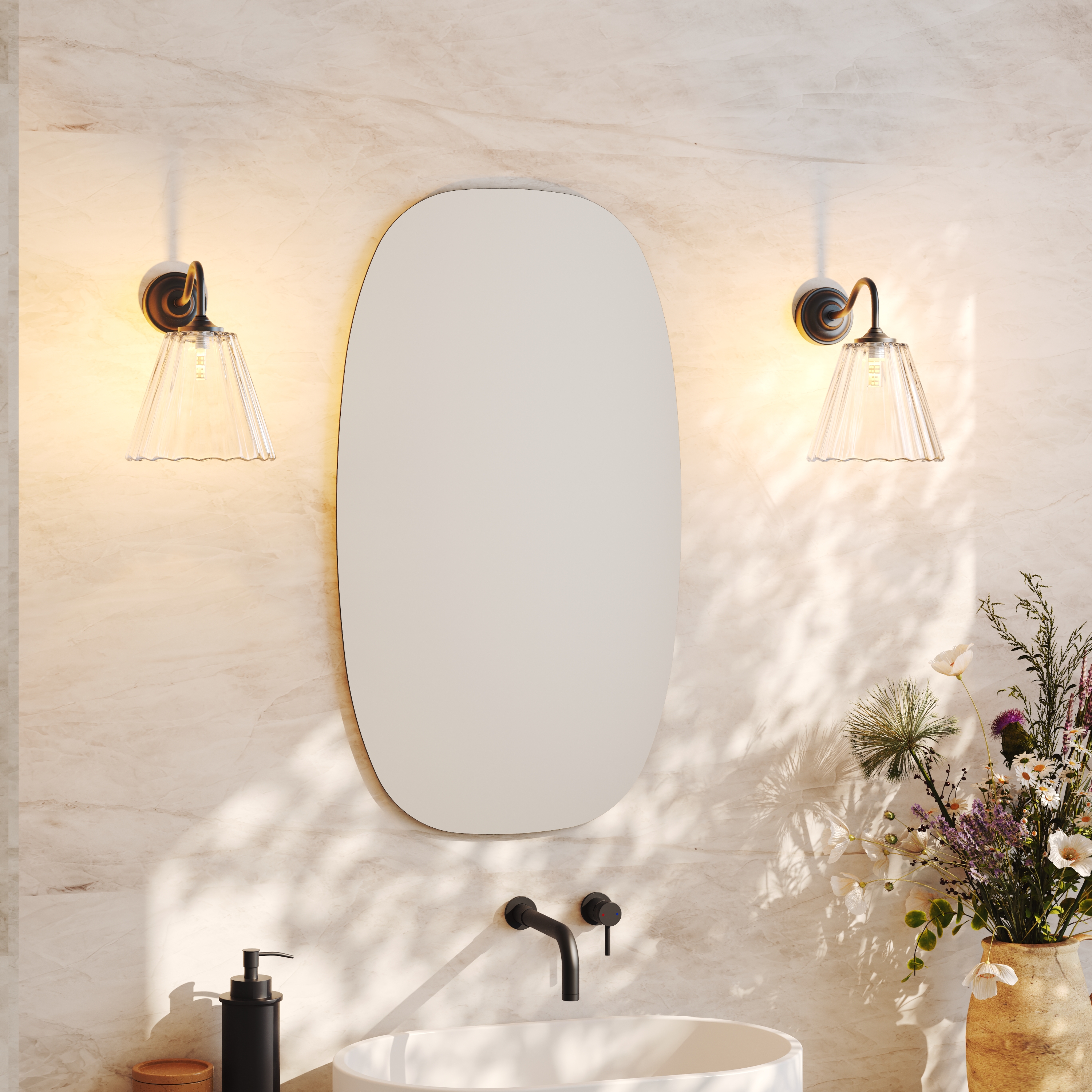 Arc Barrel Mirror with Set Of 2 Fluted Glass Wall Shade Lights