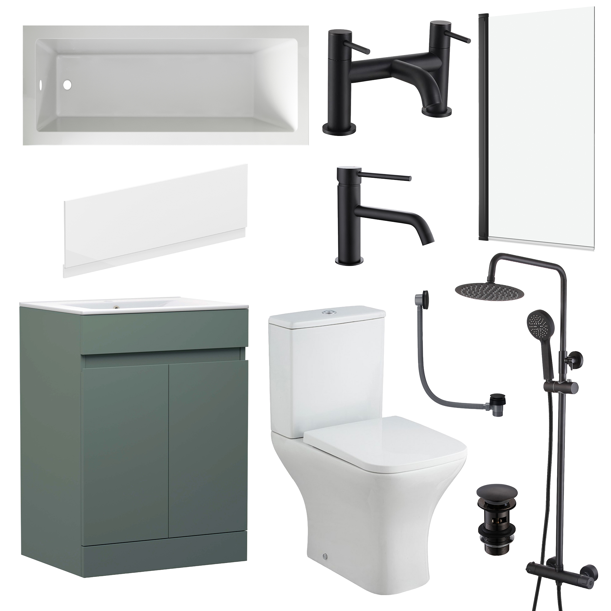 Dylan Complete Matt Black Bathroom Suite with Reinforced Shower Bath & Rimless Toilet