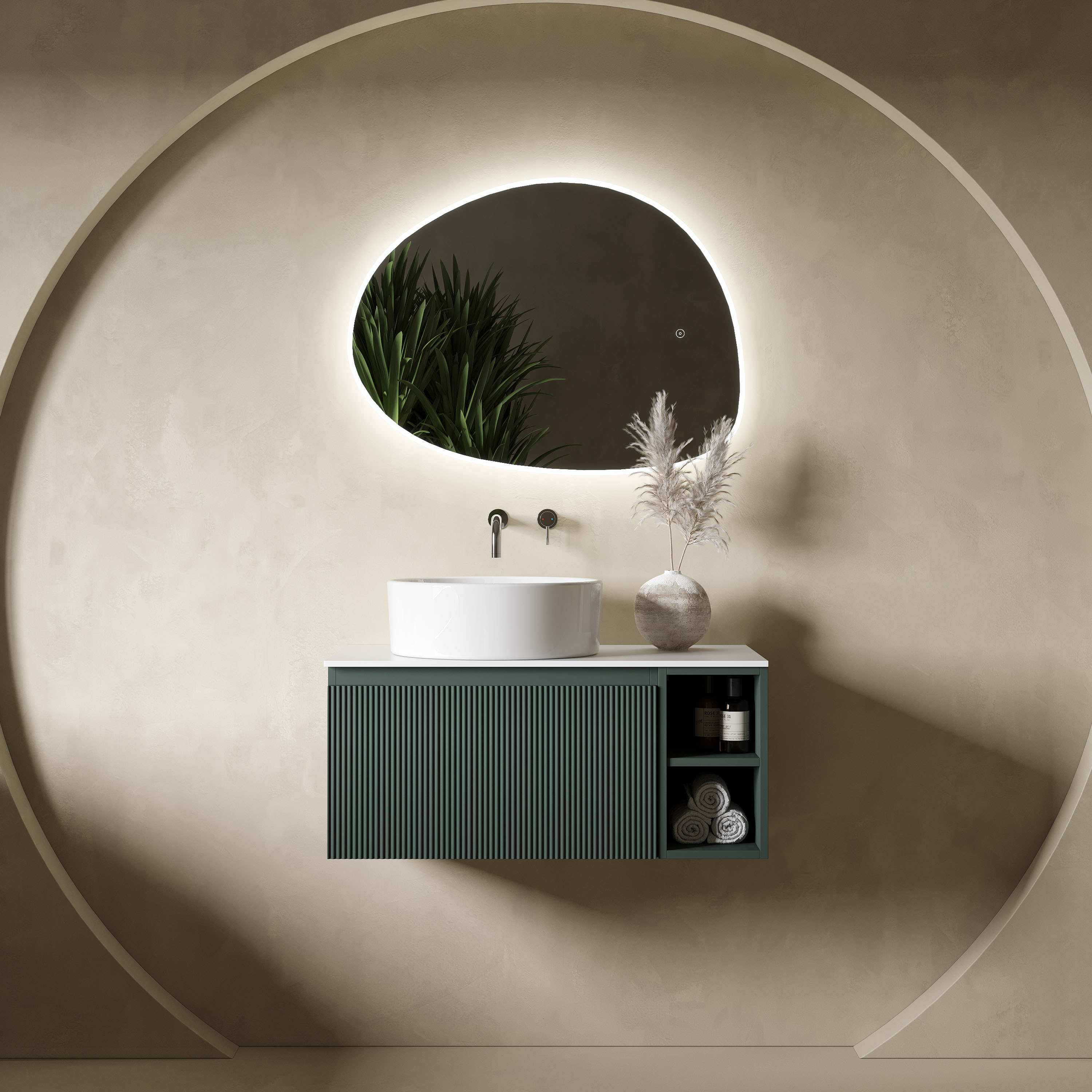 Drench Groove 800mm Fluted Wall Hung Vanity Unit with Open Shelves & Sintered Stone Countertop