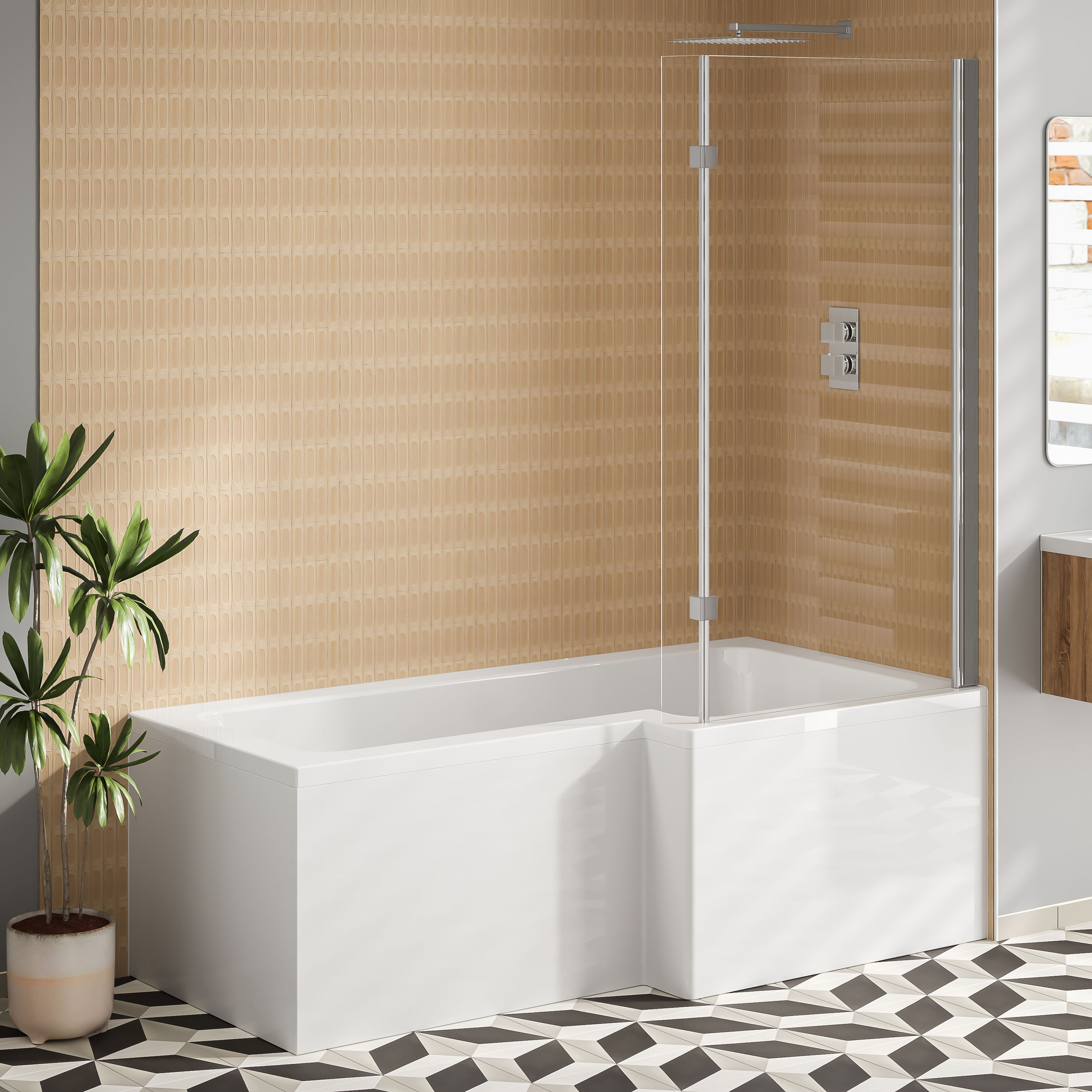 Emily Modern Shower Bath Suite with 1700mm L Shaped Bath & Rimless Toilet