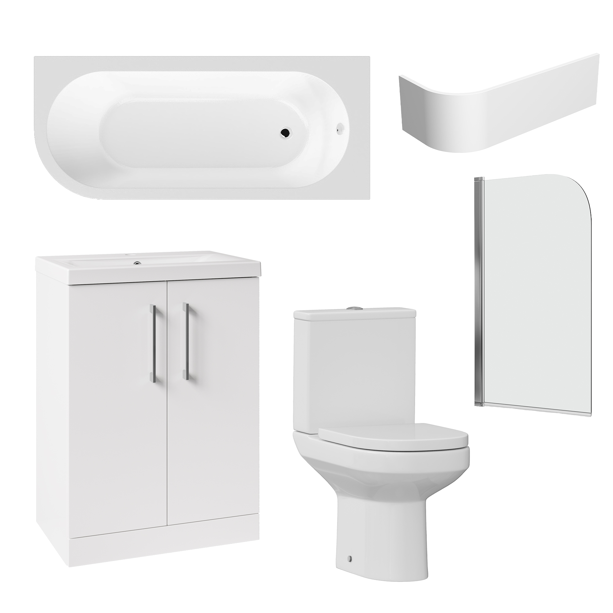 Erin Modern Shower Bath Suite with 1700mm J Shaped Bath & Rimless Toilet