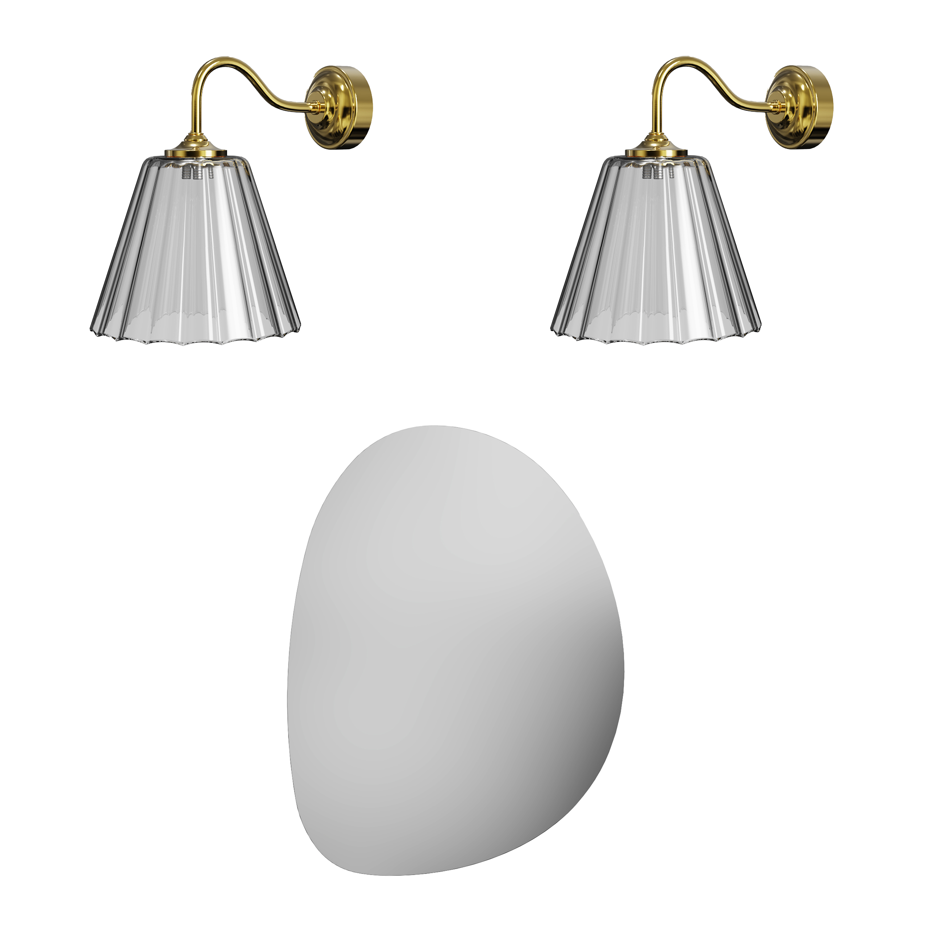 Organics Slim Mirror with Set Of 2 Fluted Glass Wall Shade Lights