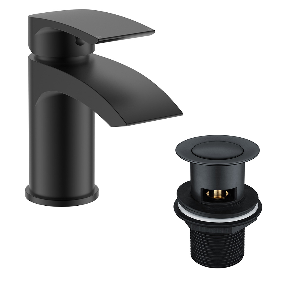 Vellamo Swift Matt Black Basin Mixer Tap & Clicker Waste
