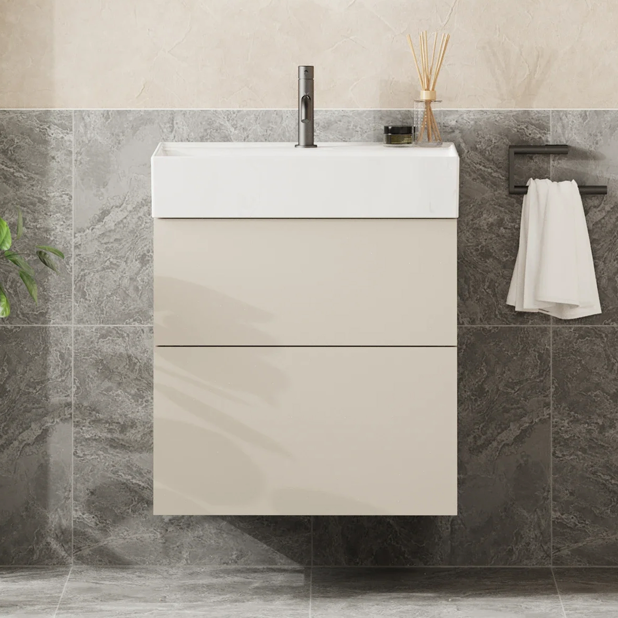 Crosswater Avenue 600mm Wall Mounted Double Drawer Vanity Unit & Fine Fire Clay Basin