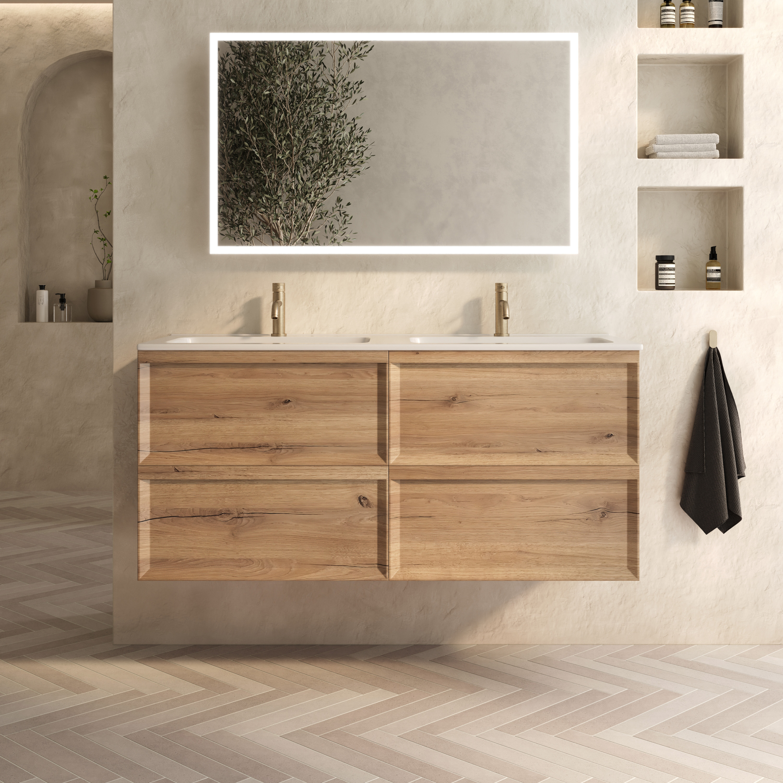 Aura 1200mm Wall Mounted Natural Oak Vanity Unit & Matt White Double Basin