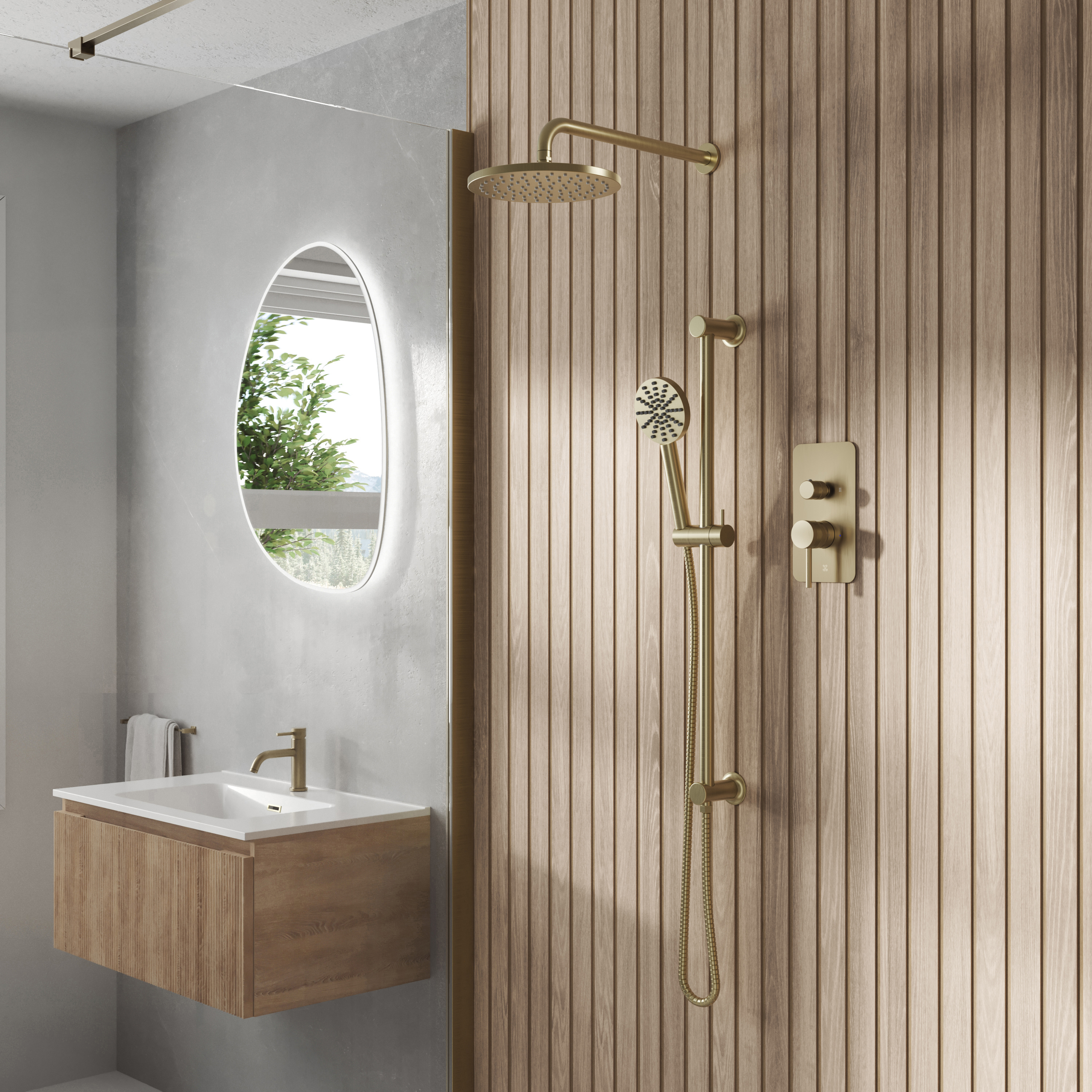 Core Shower Package with 2 Outlet Manual Valve, Fixed Wall Mounted Shower Head & Fluted Handset Slide Rail Kit