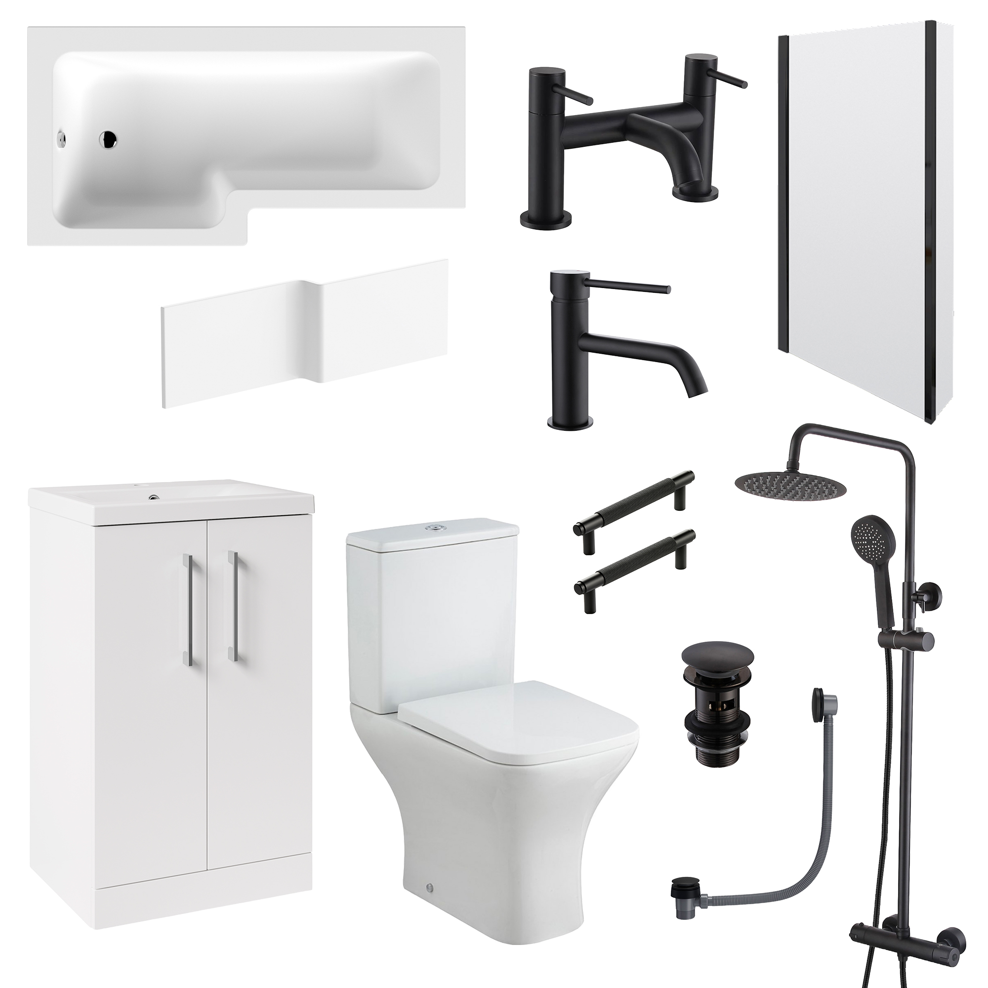 Erin Complete Modern Matt Black Bathroom Suite with 1700mm L Shaped Shower Bath & Rimless Toilet
