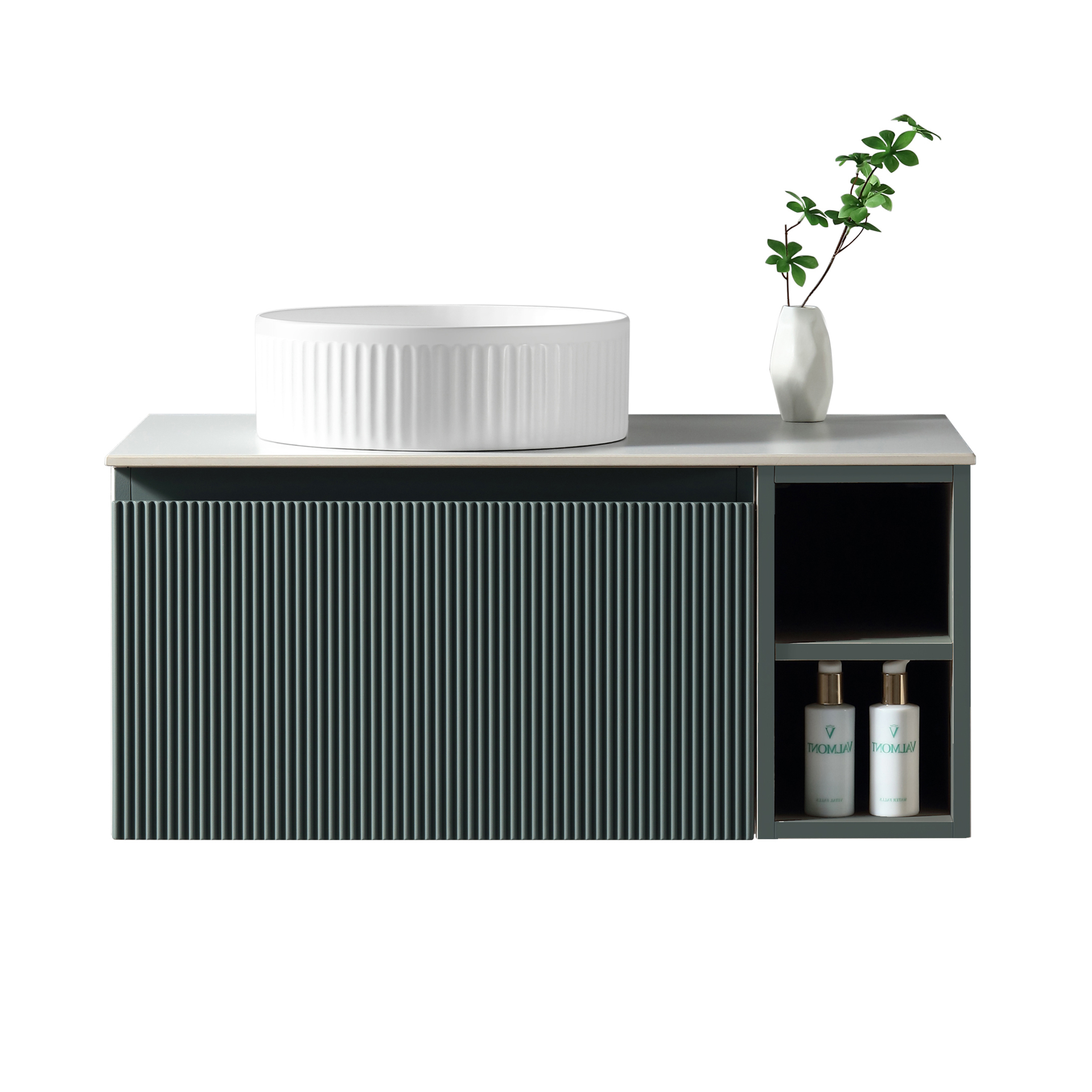 Drench Groove 800mm Fluted Wall Hung Vanity Unit with Open Shelves & Sintered Stone Countertop