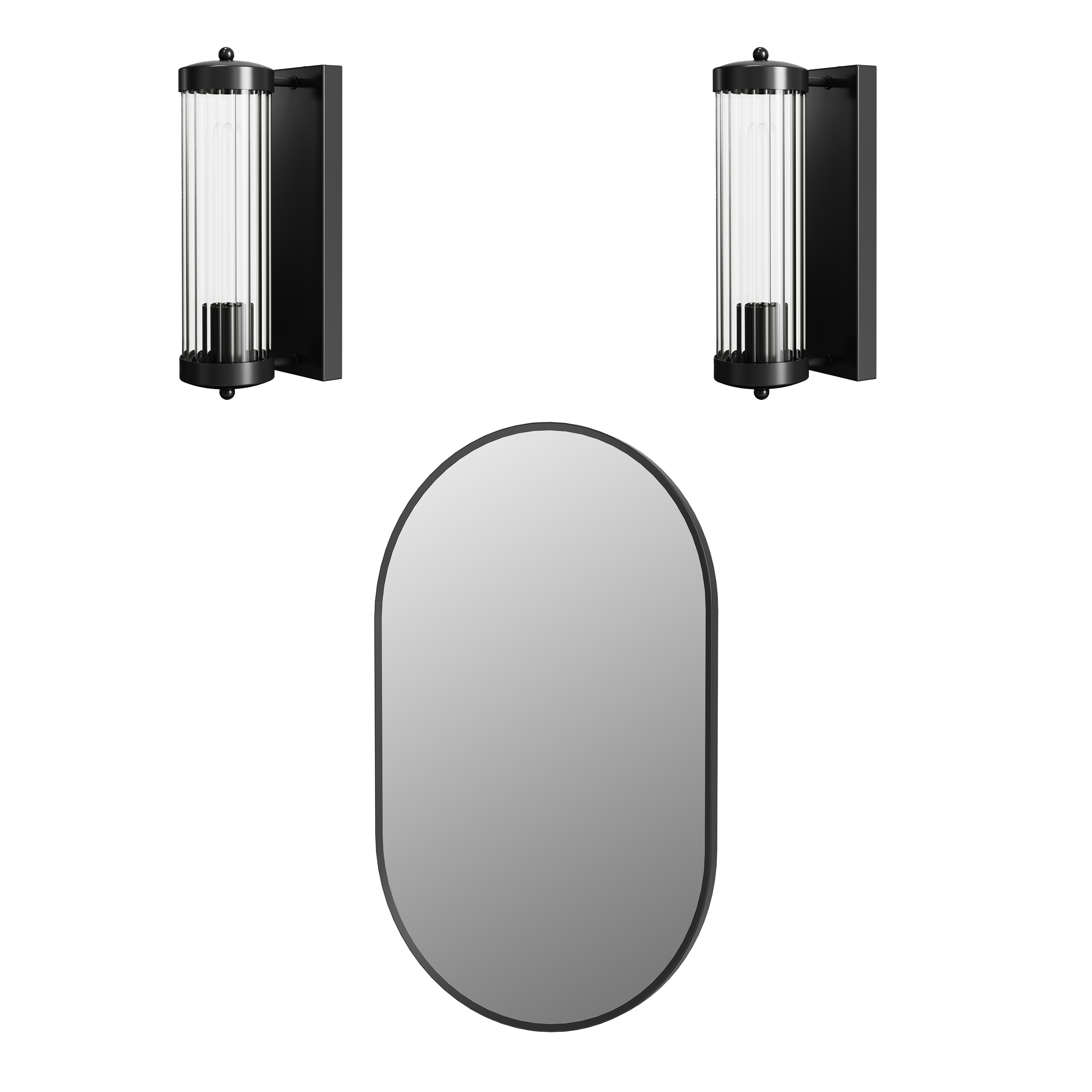 Billy Oval Framed Mirror with Set Of 2 Fluted Lantern Wall Lights in Matt Black