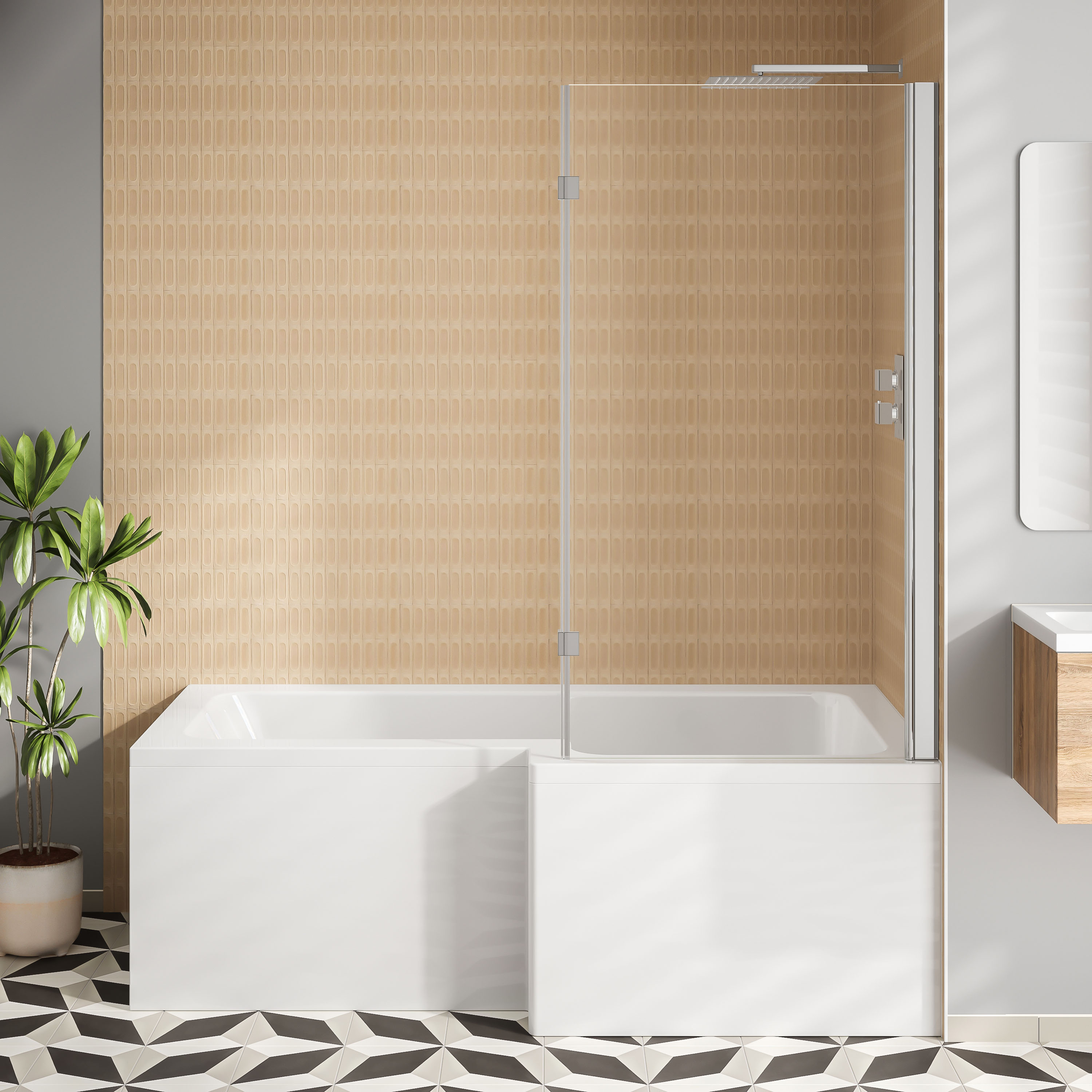 Emily Modern Shower Bath Suite with 1700mm L Shaped Bath & Rimless Toilet
