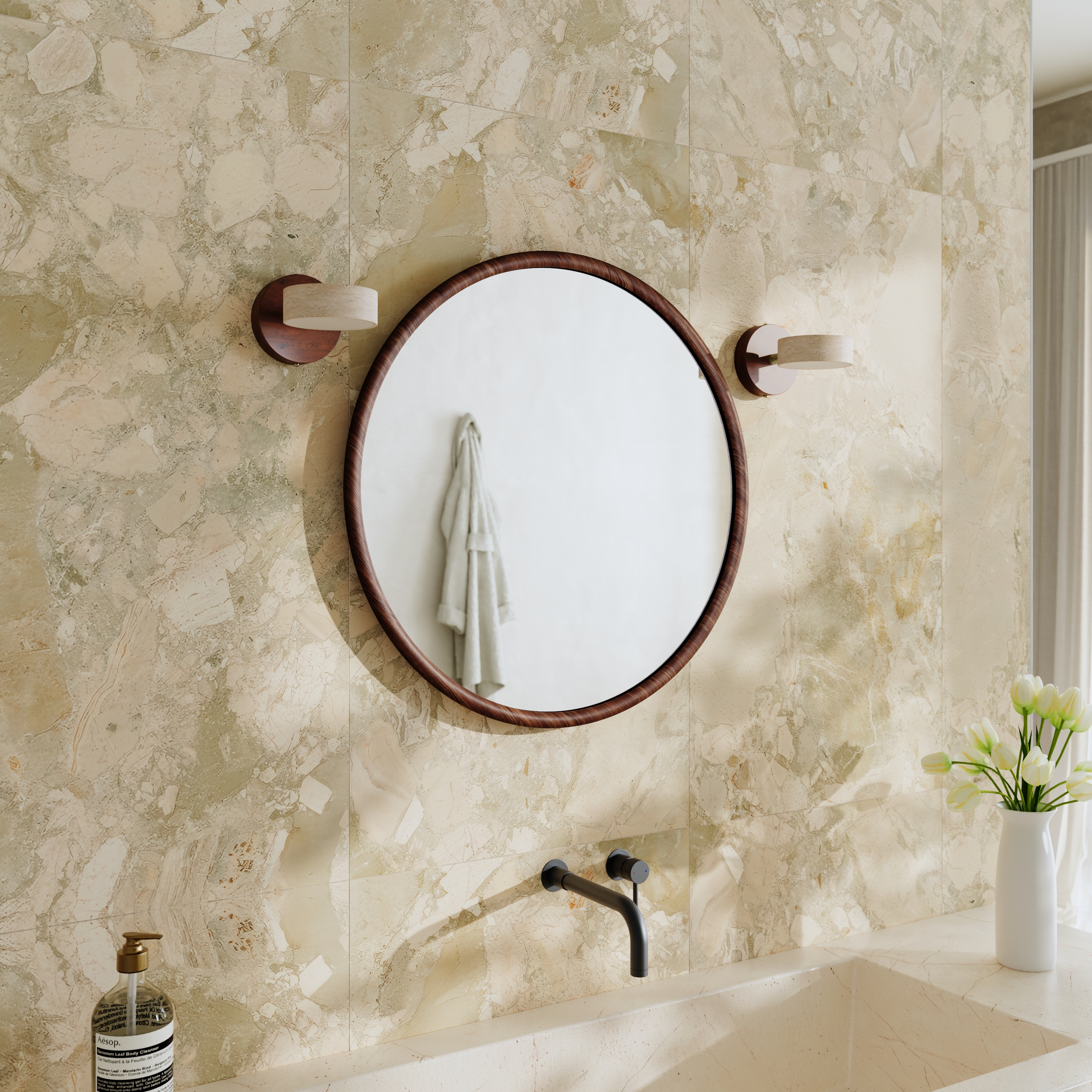 Alfie Wood Framed Mirror with Set Of 2 Stone Spot Lights in Dark Wood
