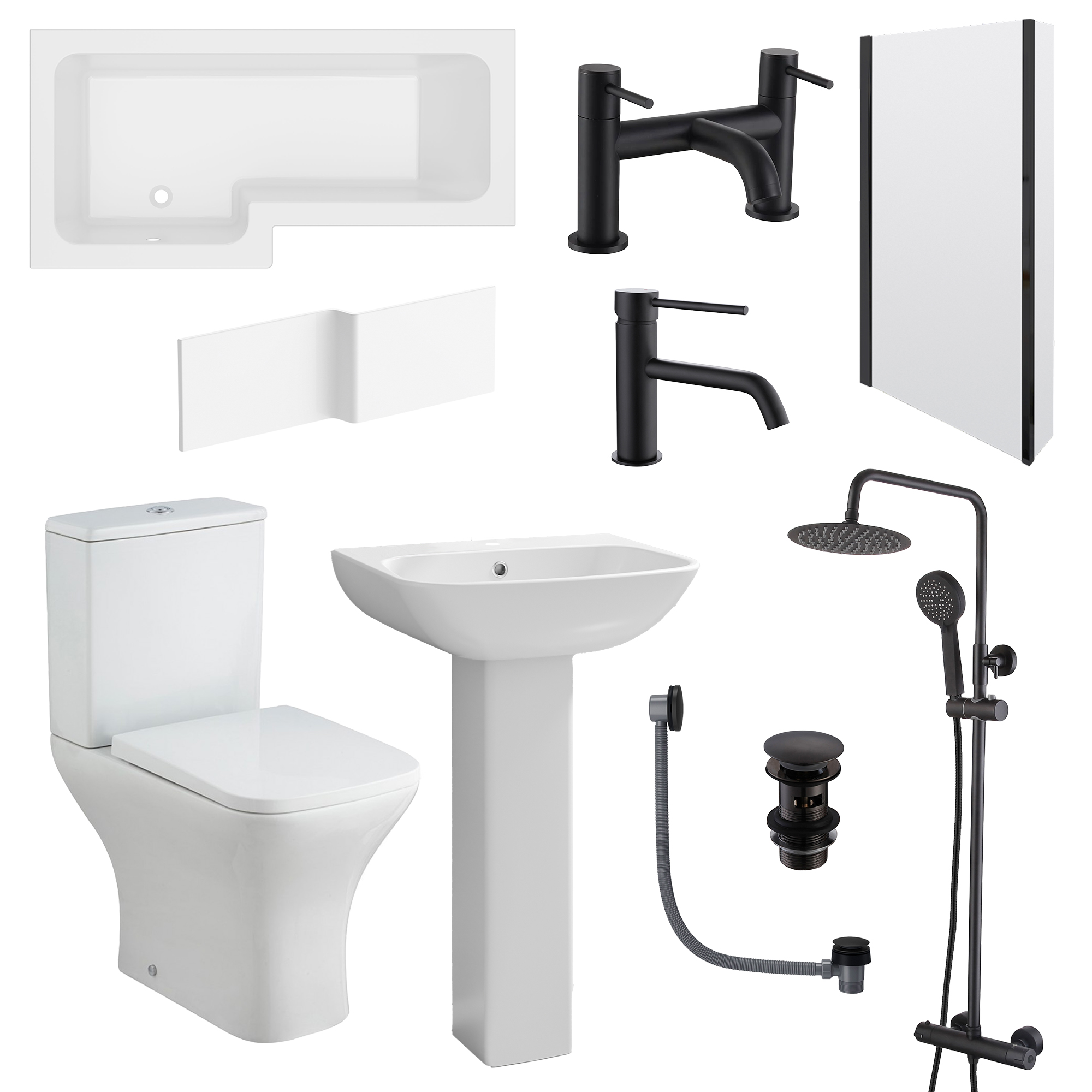 Emily Complete Matt Black Bathroom Suite with 1700mm L Shaped Shower Bath & Rimless Toilet