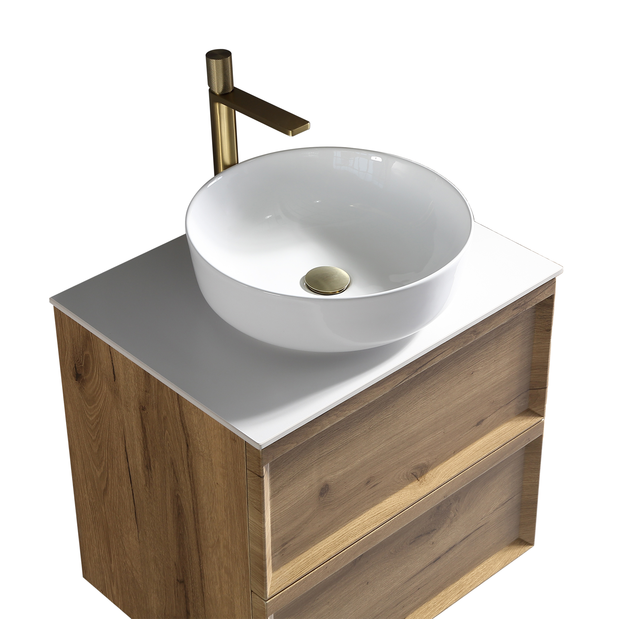 Aura 600mm Wall Mounted Natural Oak Vanity Unit & Sintered Stone Countertop