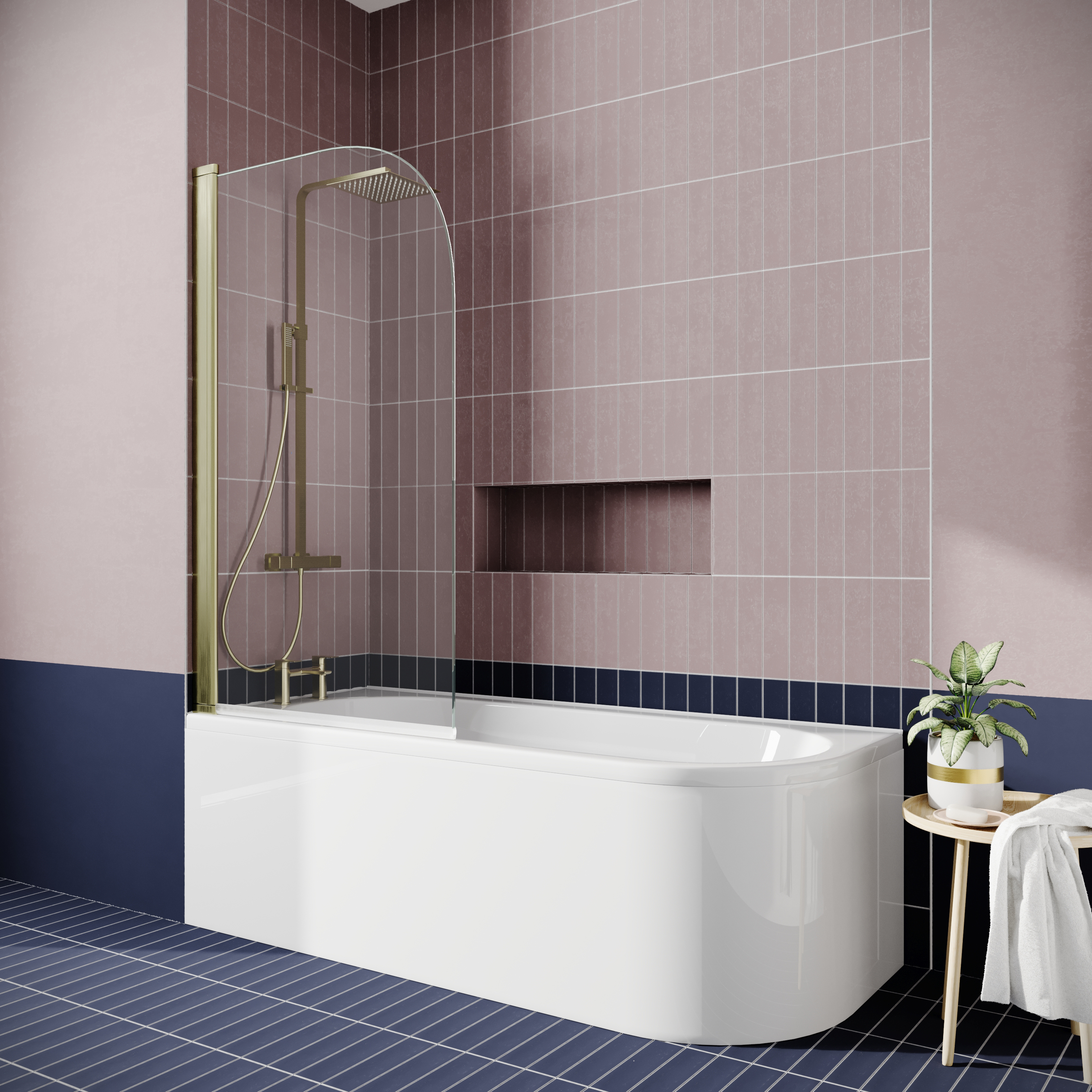 Drench J Shaped Shower Bath with Panel & Brushed Brass Shower Screen - 1700mm