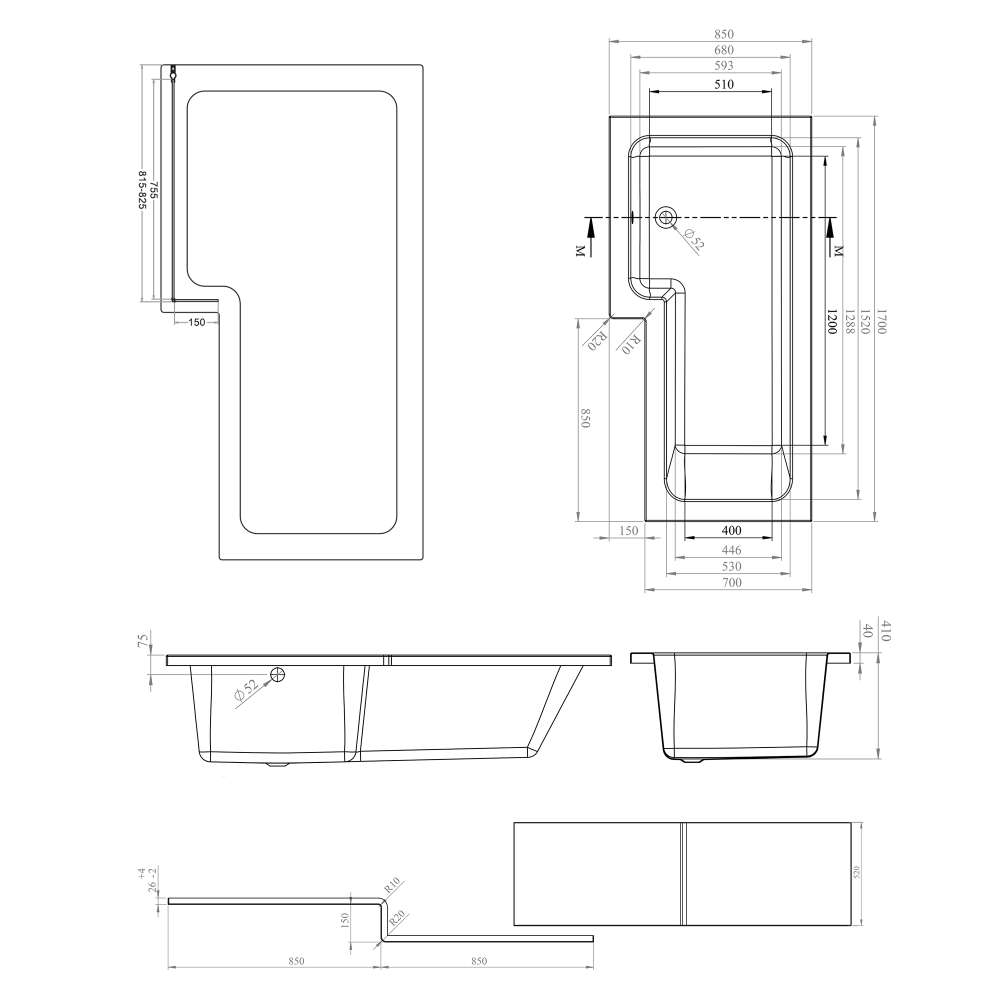 Emily Modern Shower Bath Suite with 1700mm L Shaped Bath & Rimless Toilet