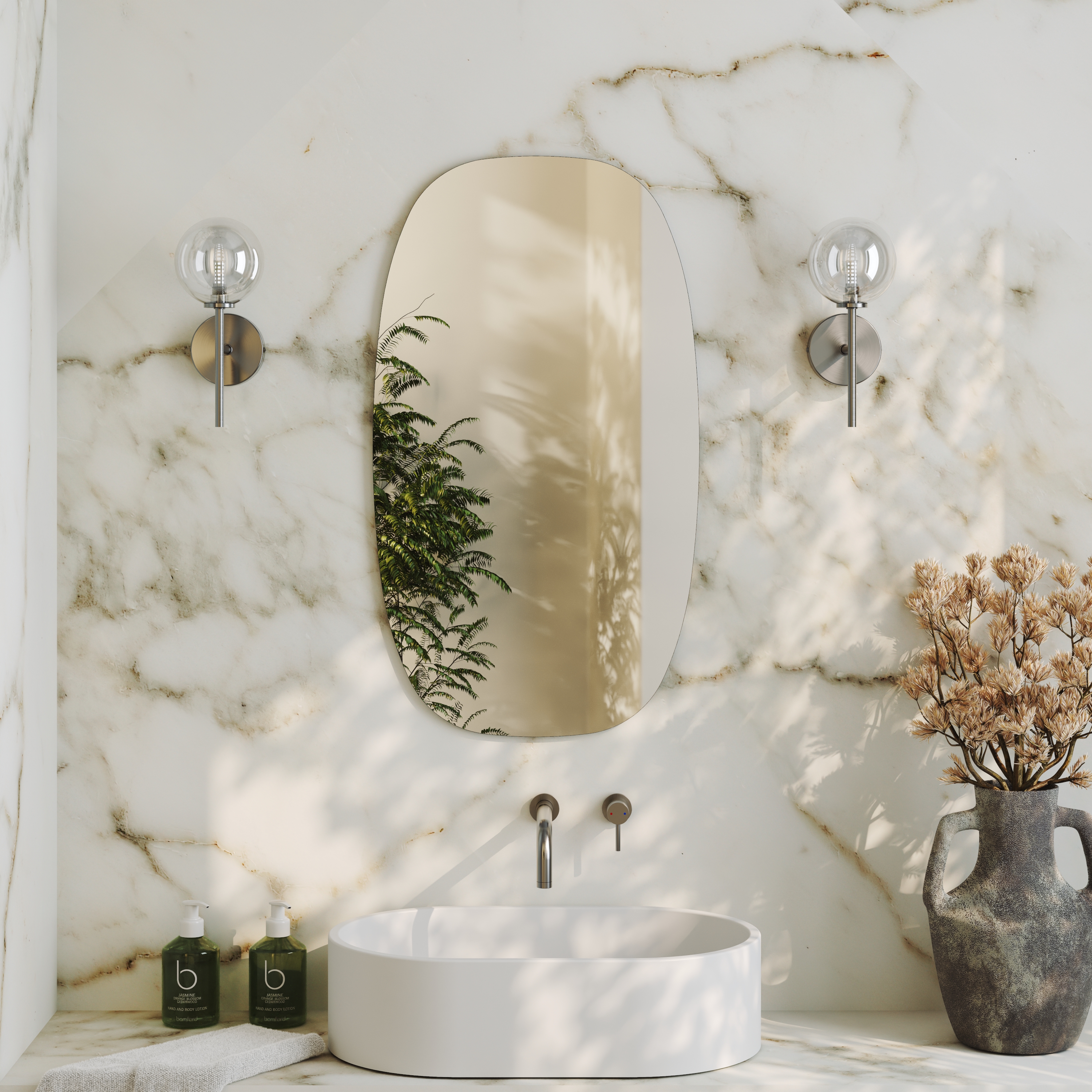 Arc Barrel Mirror with Set Of 2 Glass Globe Wall Lights