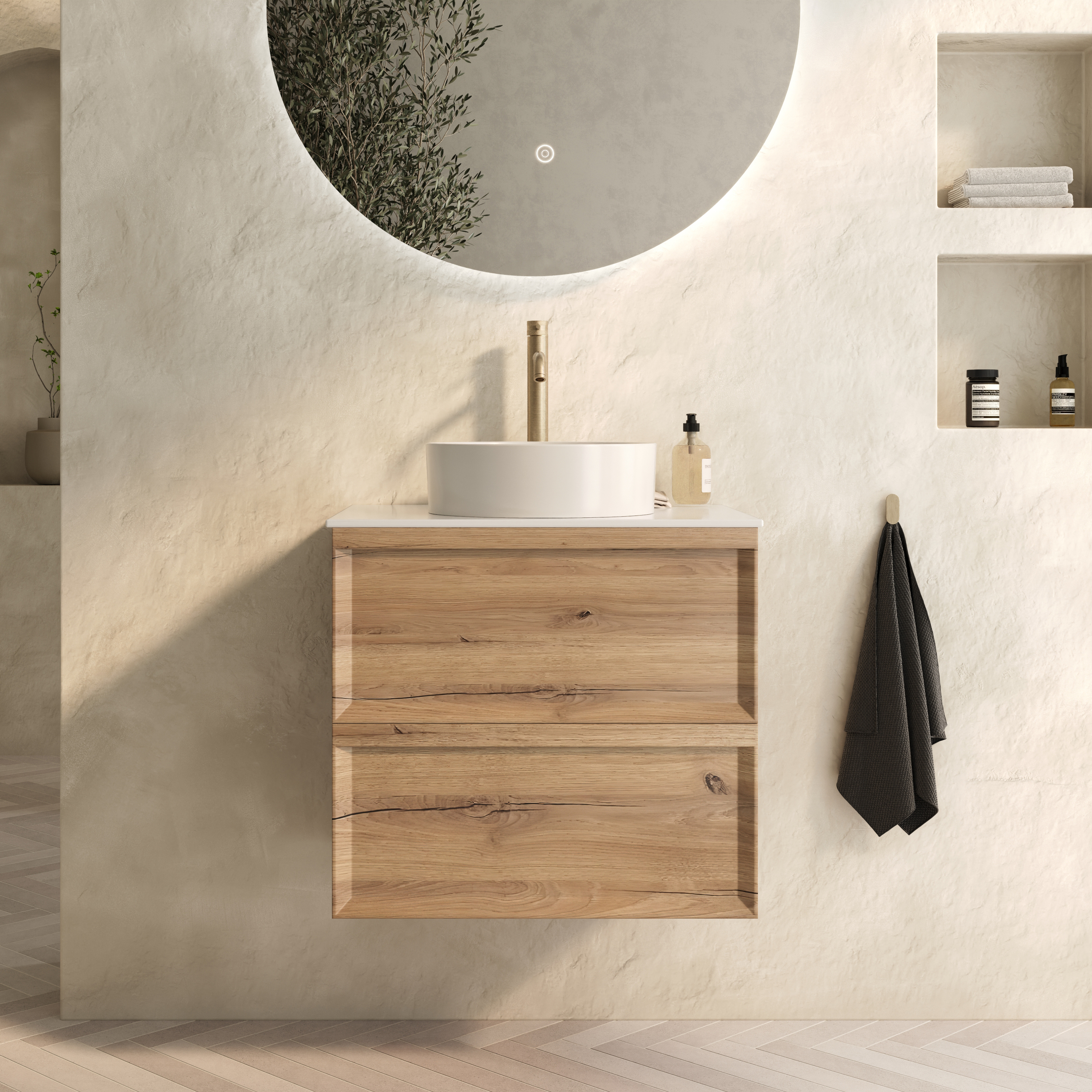 Aura 600mm Wall Mounted Natural Oak Vanity Unit & Sintered Stone Countertop