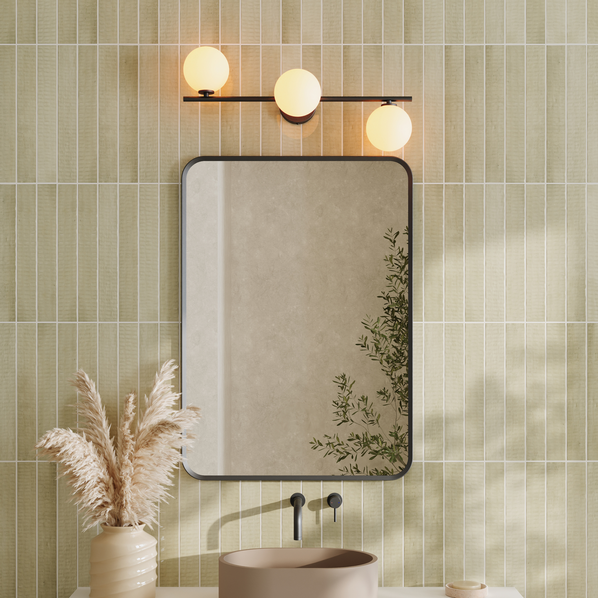 Finn Matt Black Framed Mirror with 3 Sphere Light in Matt Black