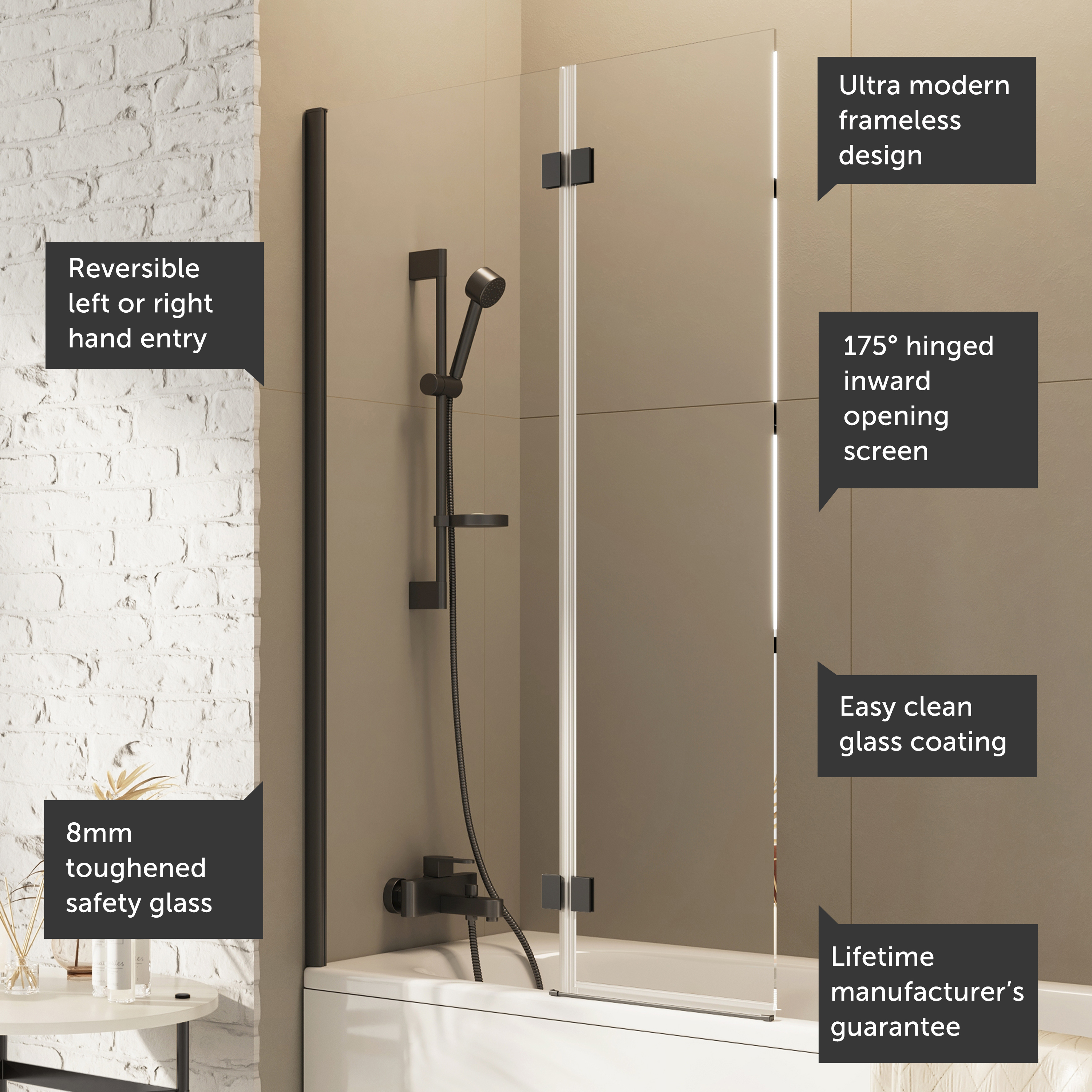 Harbour i8 Easy Clean 8mm Inward Hinged Bath Screen with Fixed Inline Panel - 1500 x 900mm