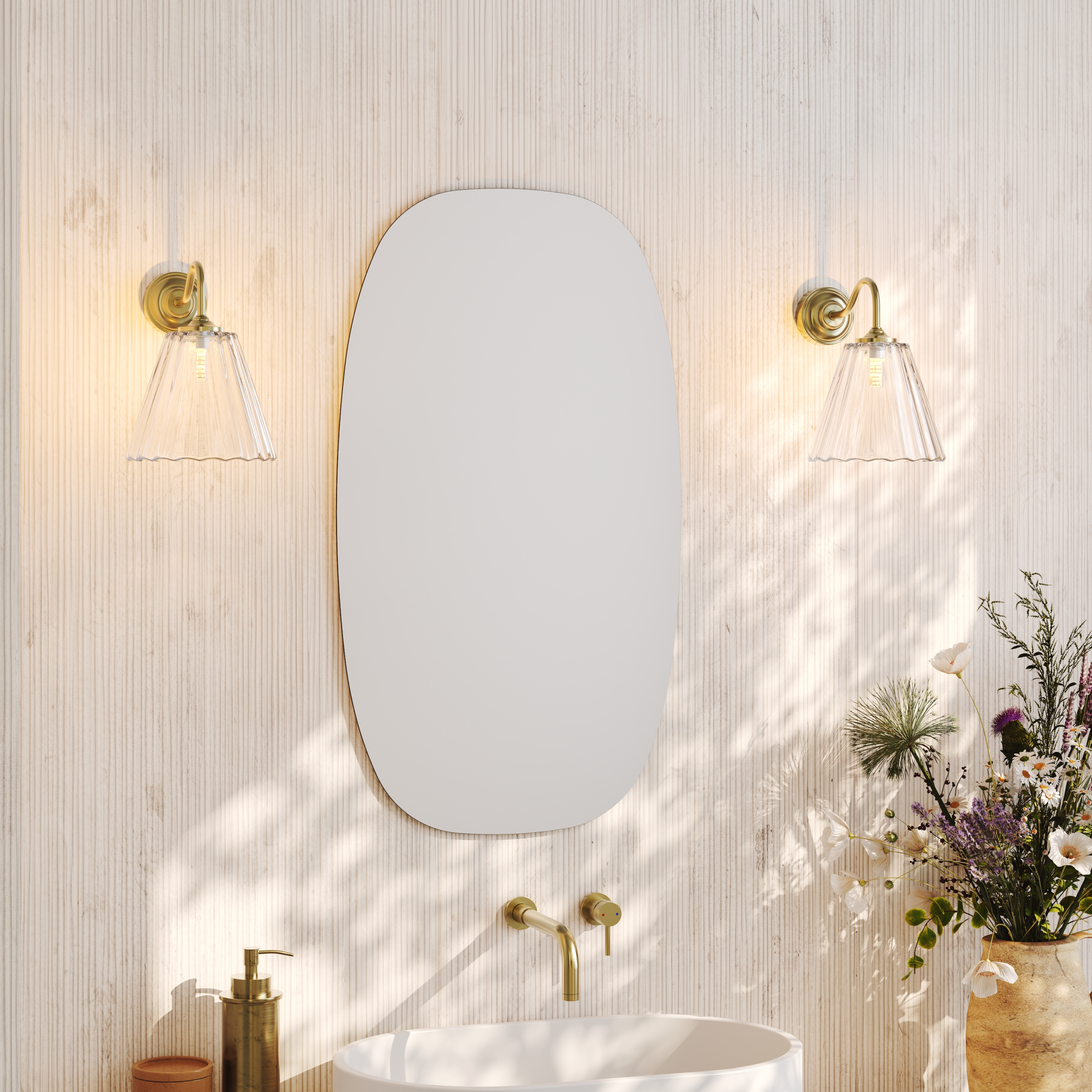 Arc Barrel Mirror with Set Of 2 Fluted Glass Wall Shade Lights
